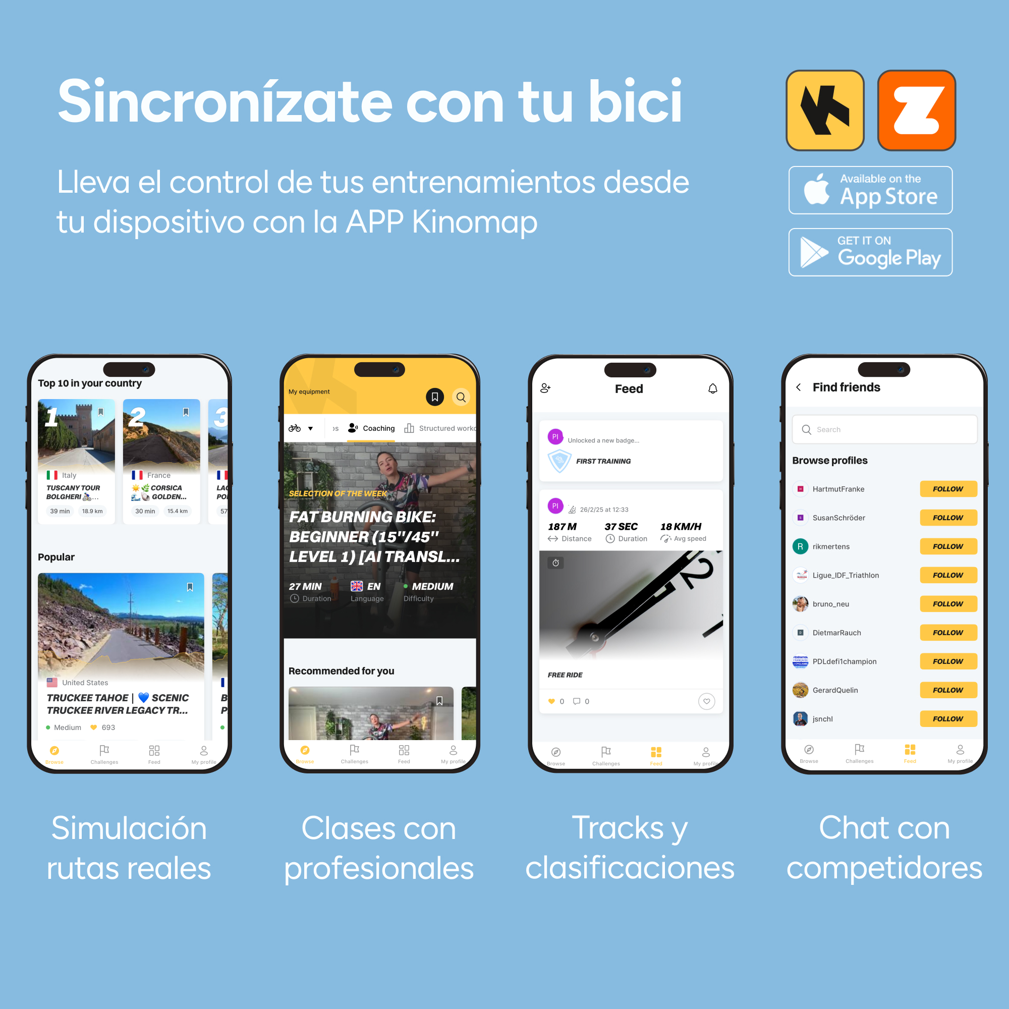 Cuatro pantallas de teléfono móvil que muestran funciones de la aplicación de fitness, incluyendo rutas reales, clases y chat.