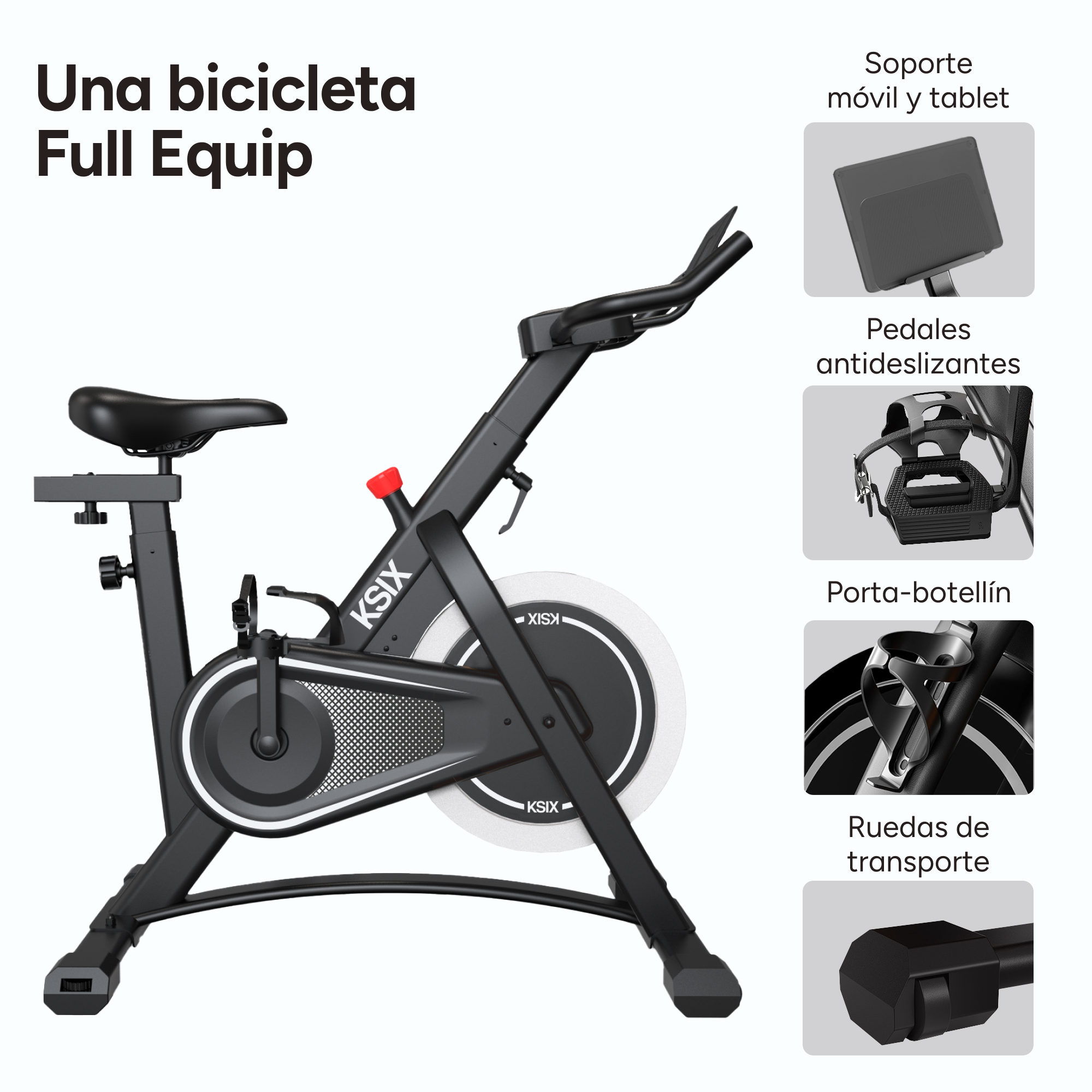 Bicicleta estática KSix negra con rueda blanca, con características como soporte para tableta y pedales antideslizantes.