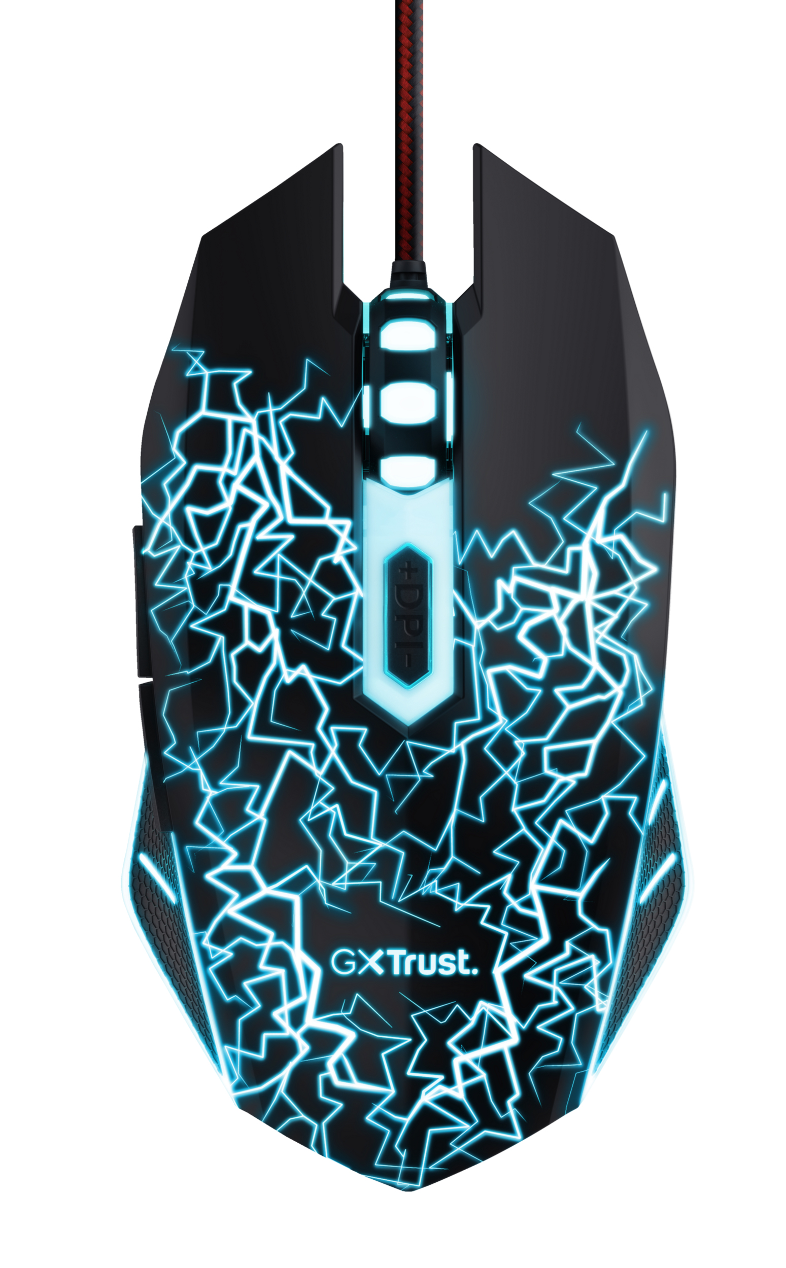 Czarna mysz do gier z niebieskim wzorem błyskawic i niebieskimi akcentami świetlnymi.