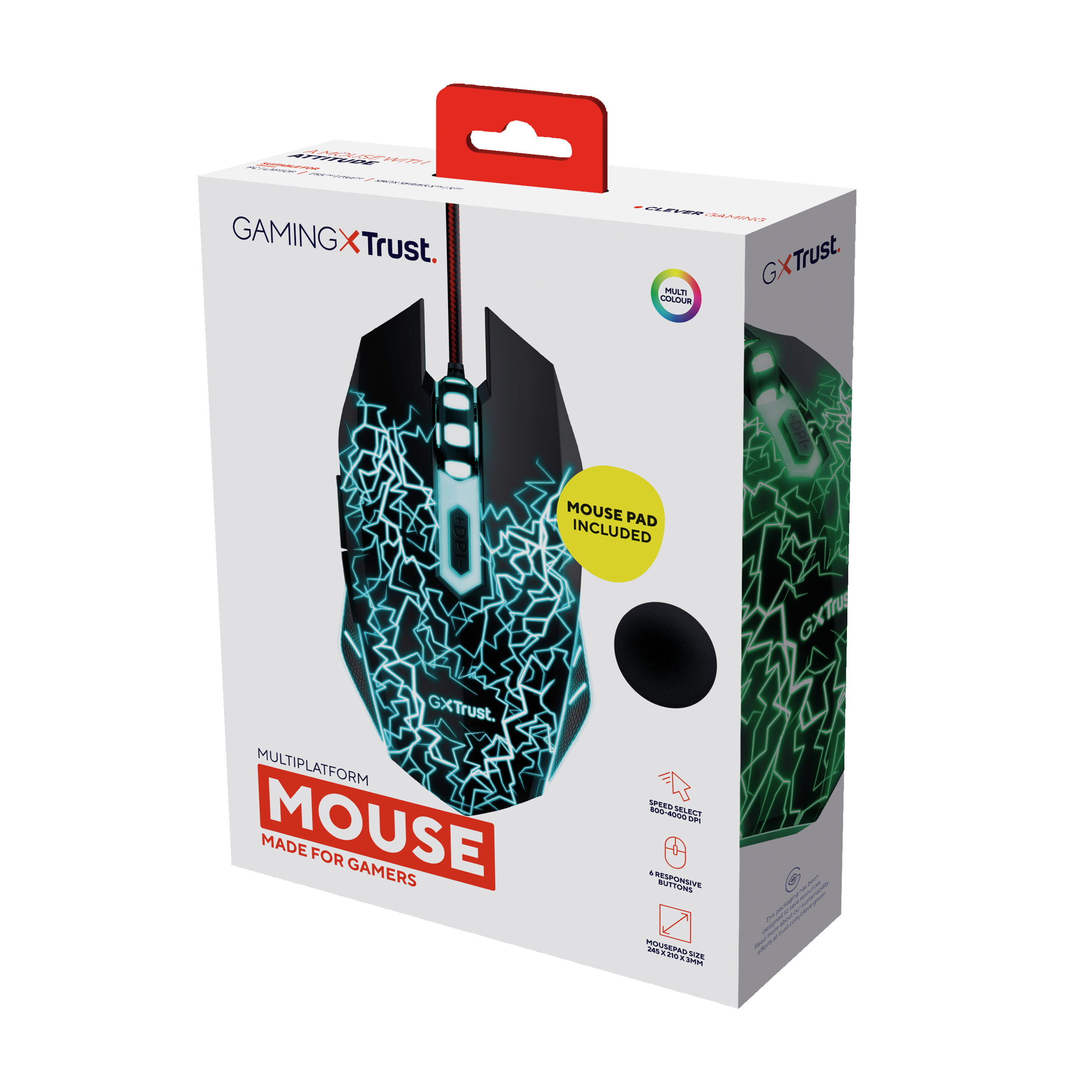 Mysz gamingowa w pudełku, czarna z niebieskimi wzorami, czerwony uchwyt i tekst.