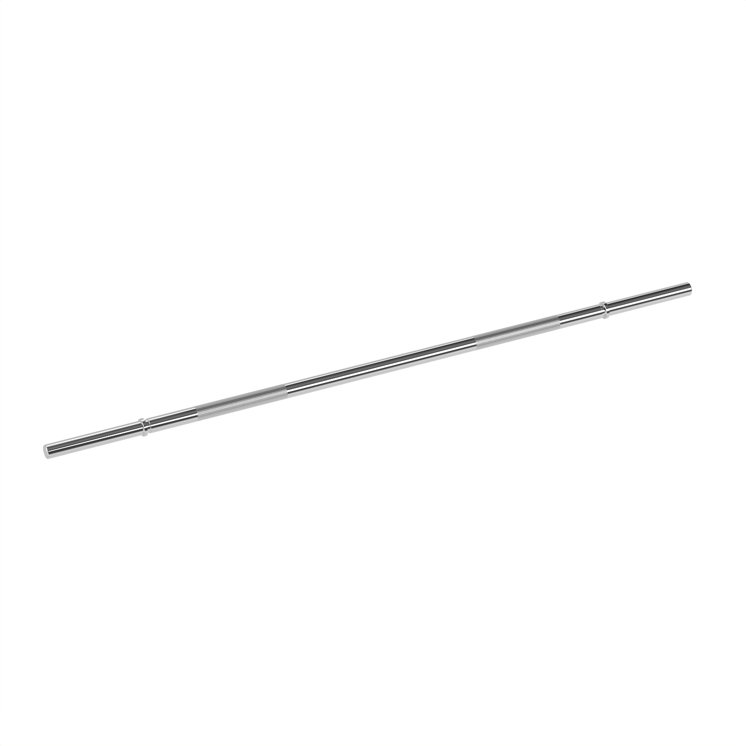 A chrome barbell with black ends, lying horizontally on a white background. Clean and simple.