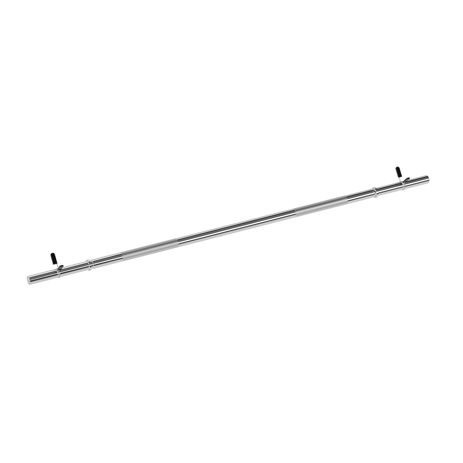 A chrome-colored barbell against a white background.