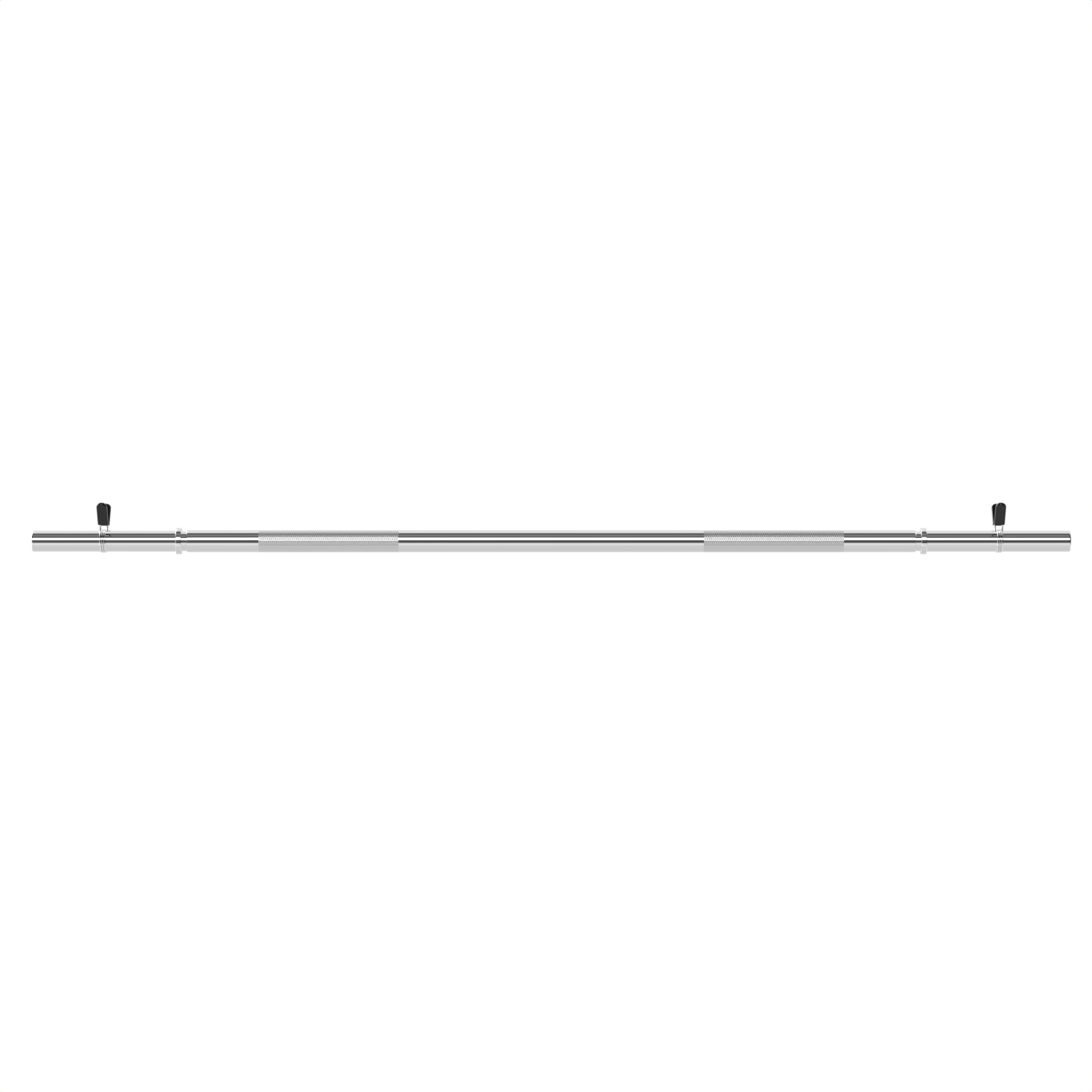 A long, silver barbell with black collars at each end, on a white background.