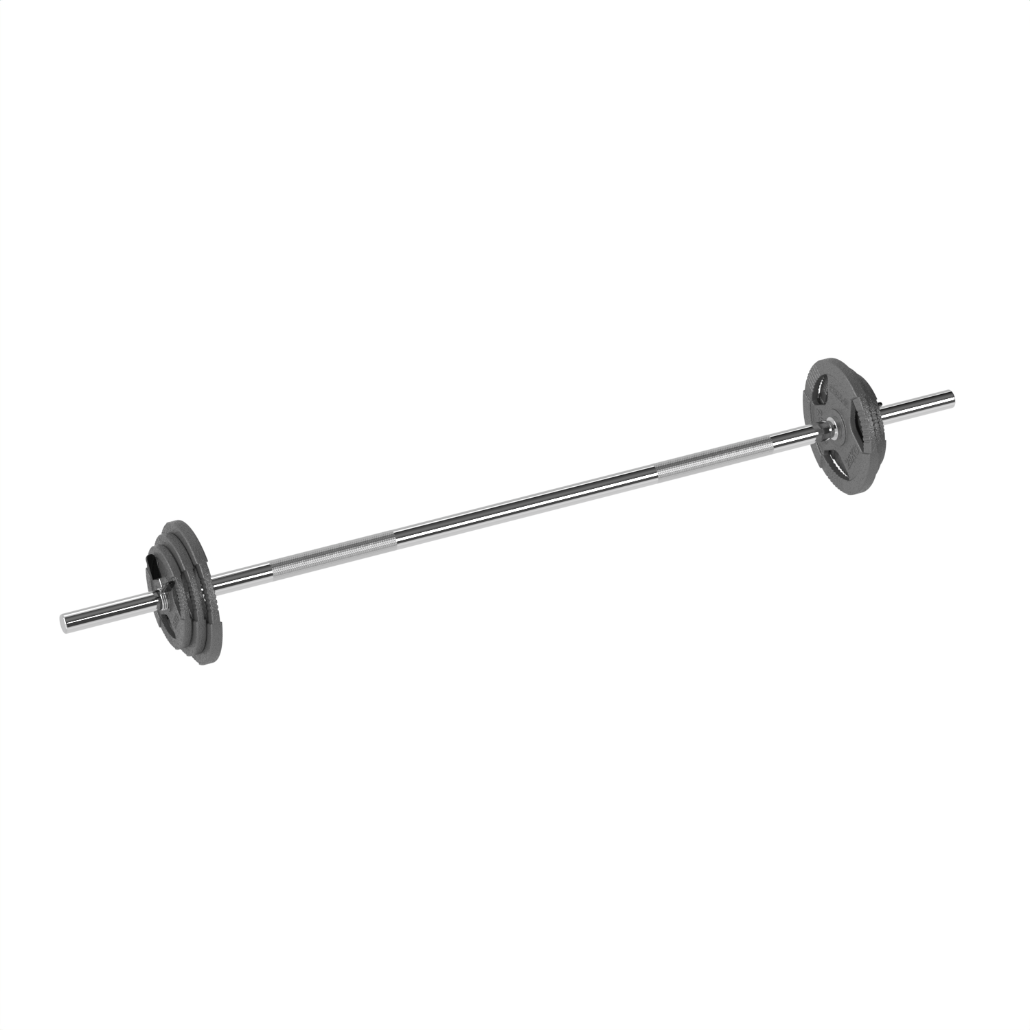 Une barre de musculation avec des disques de poids à chaque extrémité, posée sur fond blanc.