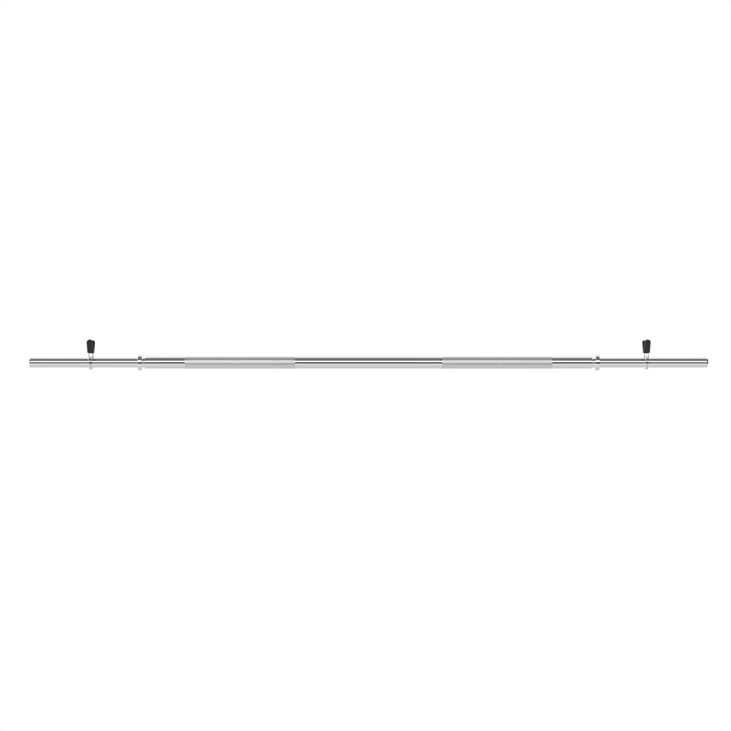 A long, thin, silver metal bar with two black knobs.
