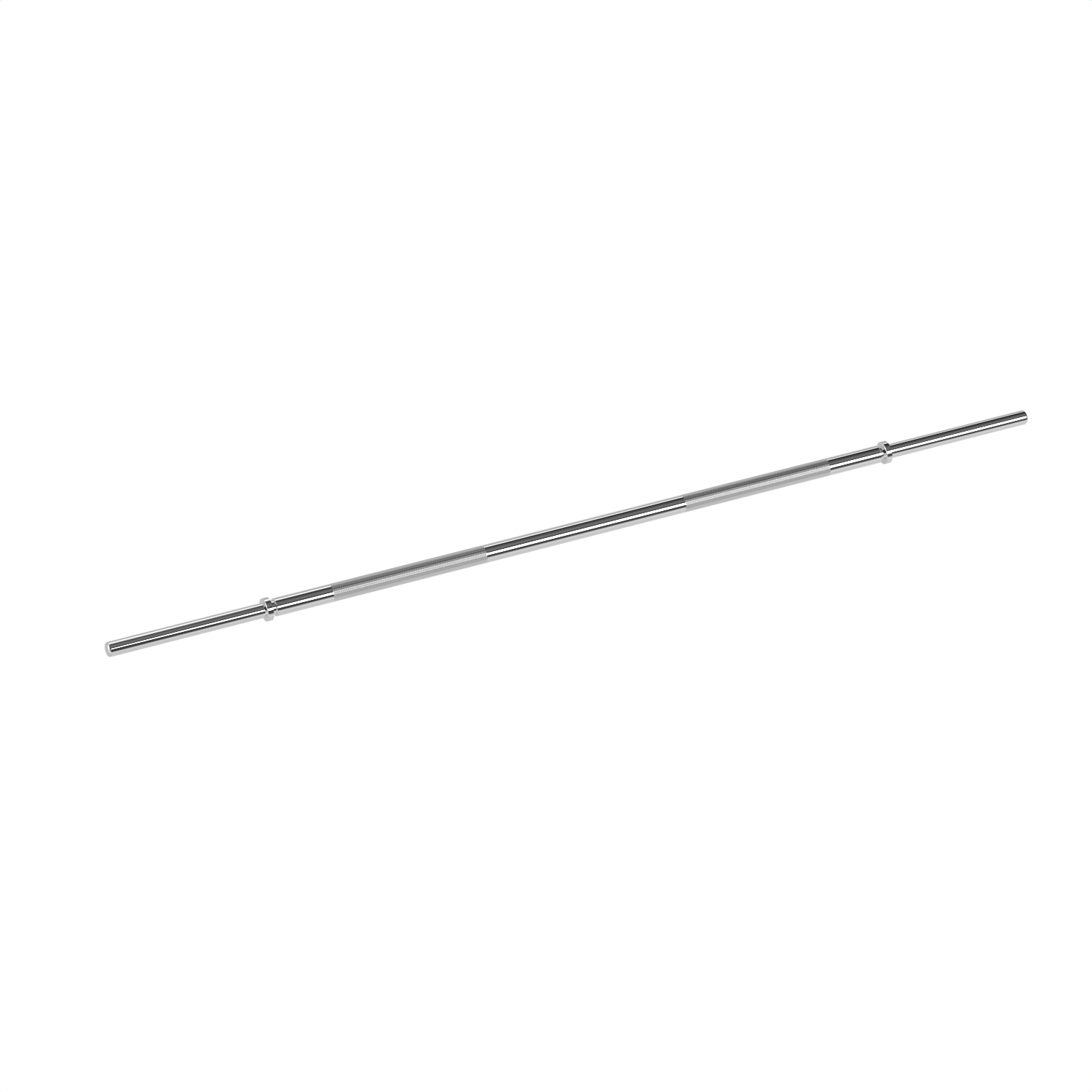A silver barbell lies centered on a white background. The barbell is straight with slightly angled ends.