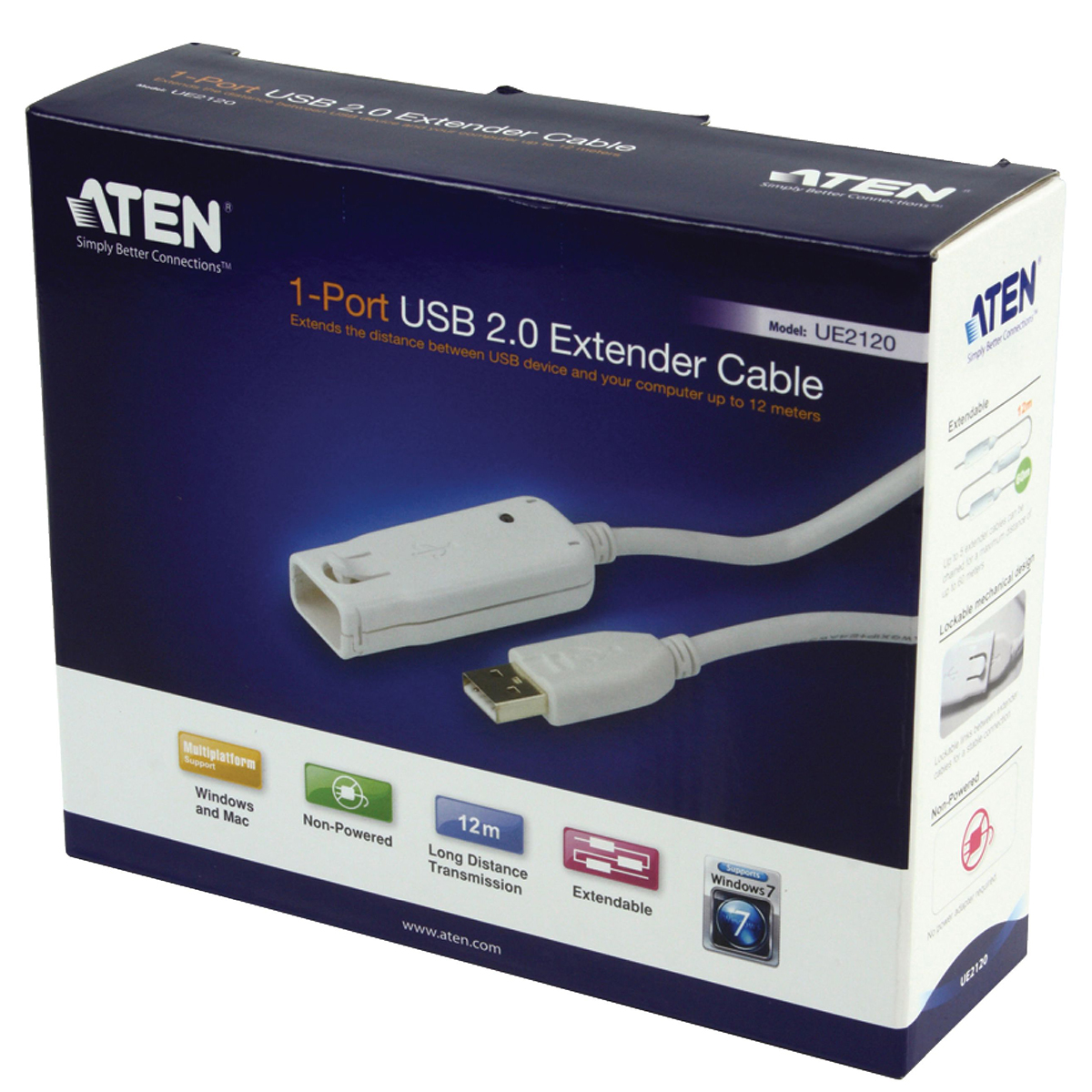 Scatola del cavo extender USB 2.0 a 1 porta ATEN. Cavo bianco visibile. Supporta Windows e Mac.