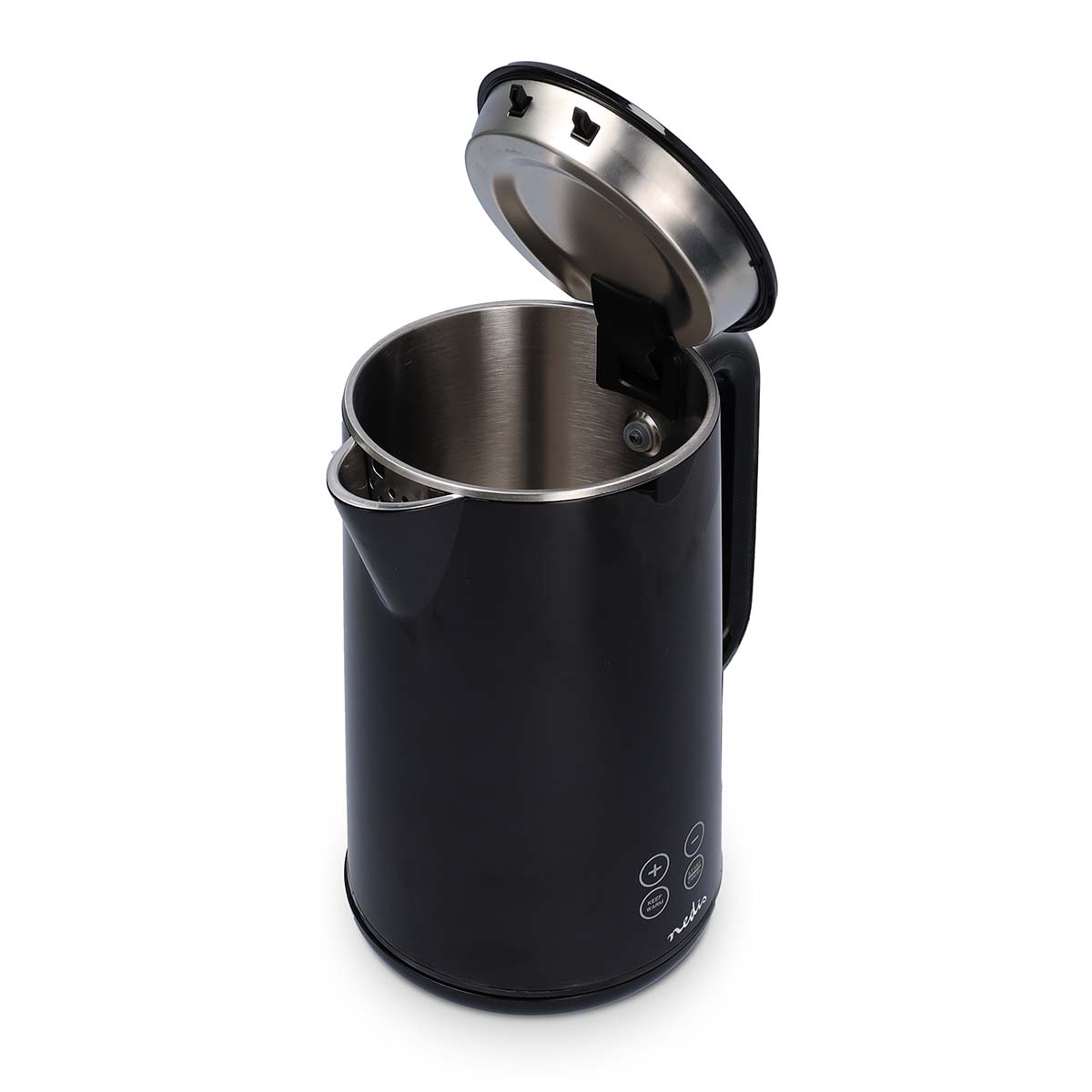 Zwarte waterkoker met open deksel op een witte achtergrond.