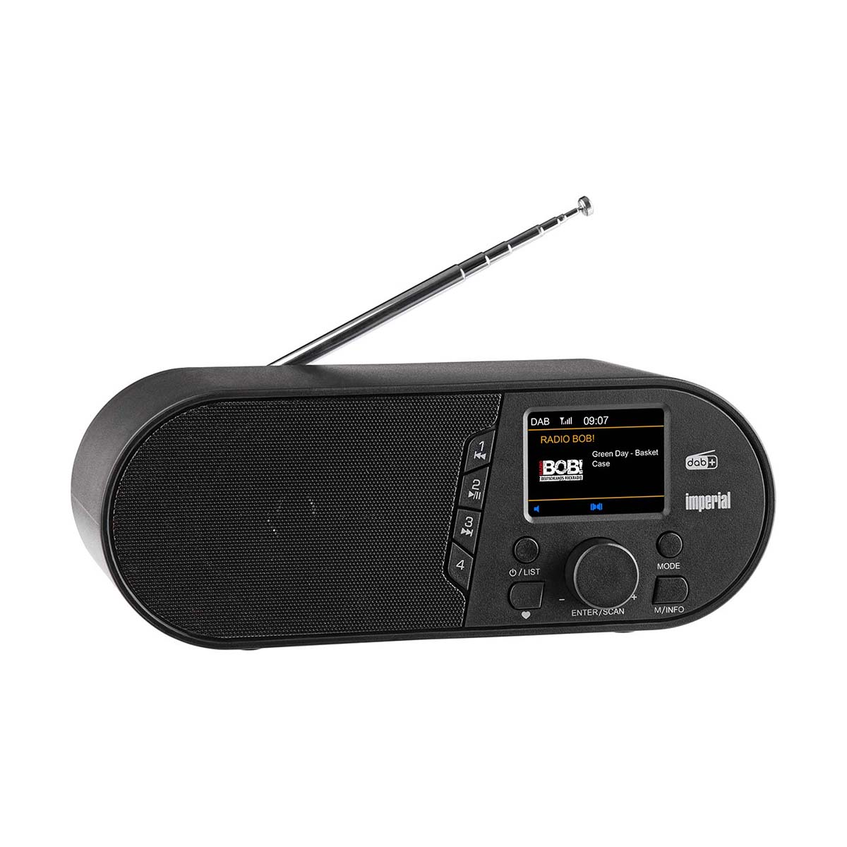 Radio negro con pantalla que muestra información. Tiene botones y un dial. Se ve una antena.