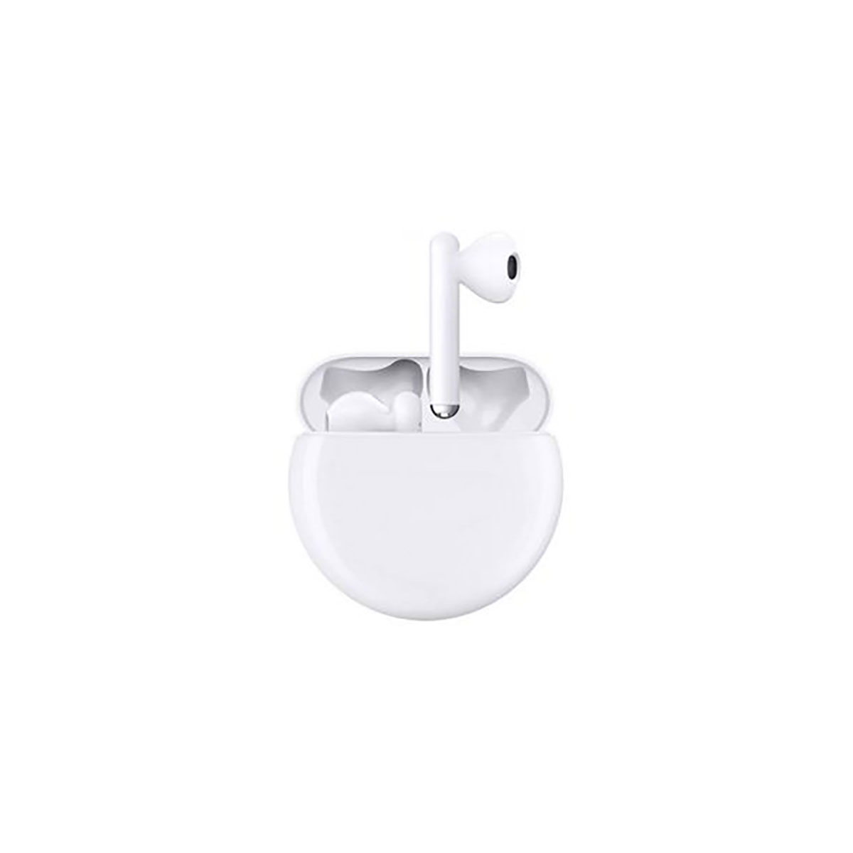 Auriculares inalámbricos blancos en un estuche de carga blanco abierto.