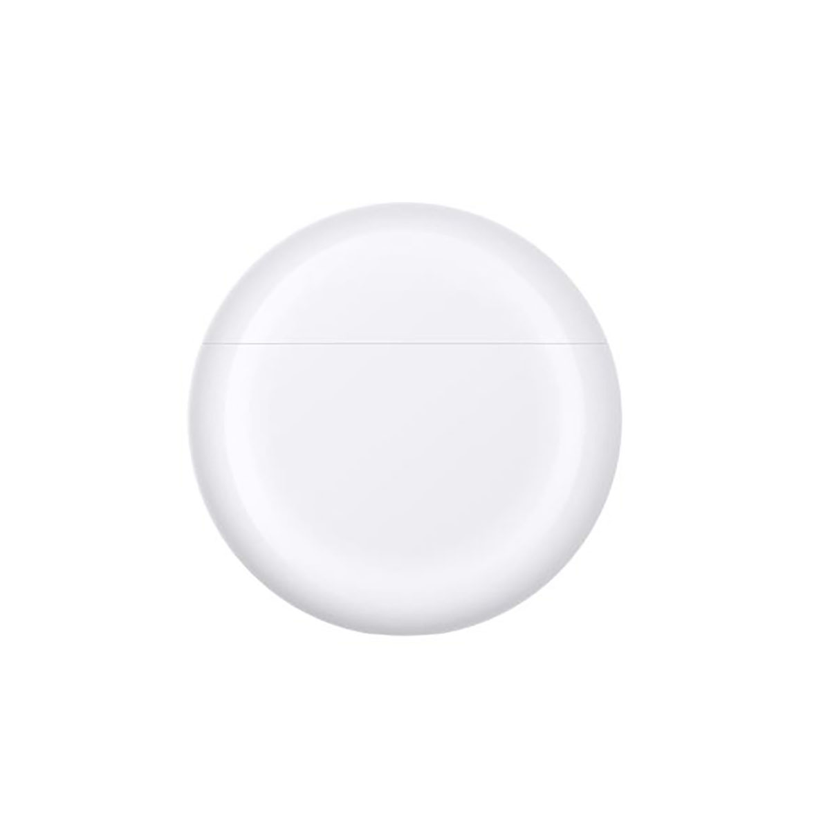 Estuche de auriculares blanco y redondo. Vista superior. Diseño simple. Fondo blanco. Estuche cerrado.