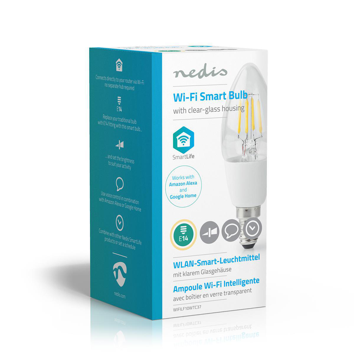 Scatola per lampadina intelligente bianca e blu con lampadina in vetro trasparente e logo SmartLife.
