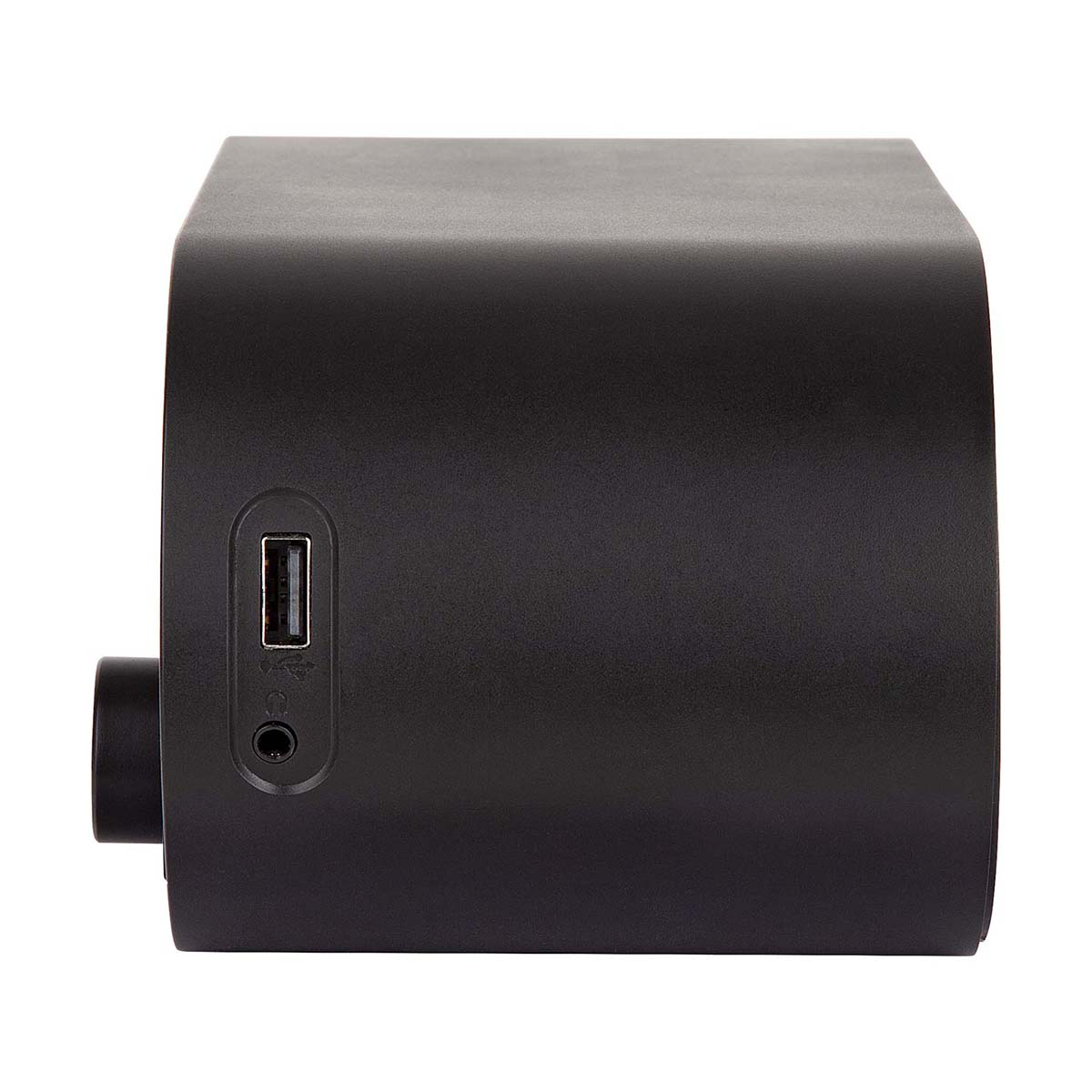 Black speaker side view. USB port and audio jack visible. Isolated on white background. Minimalist design.