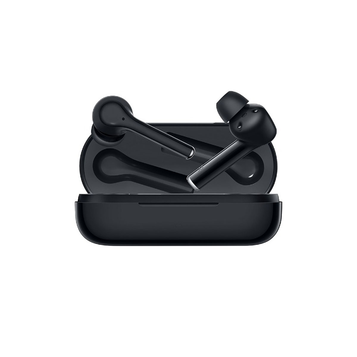 Auriculares inalámbricos negros en un estuche de carga negro, sobre fondo blanco.