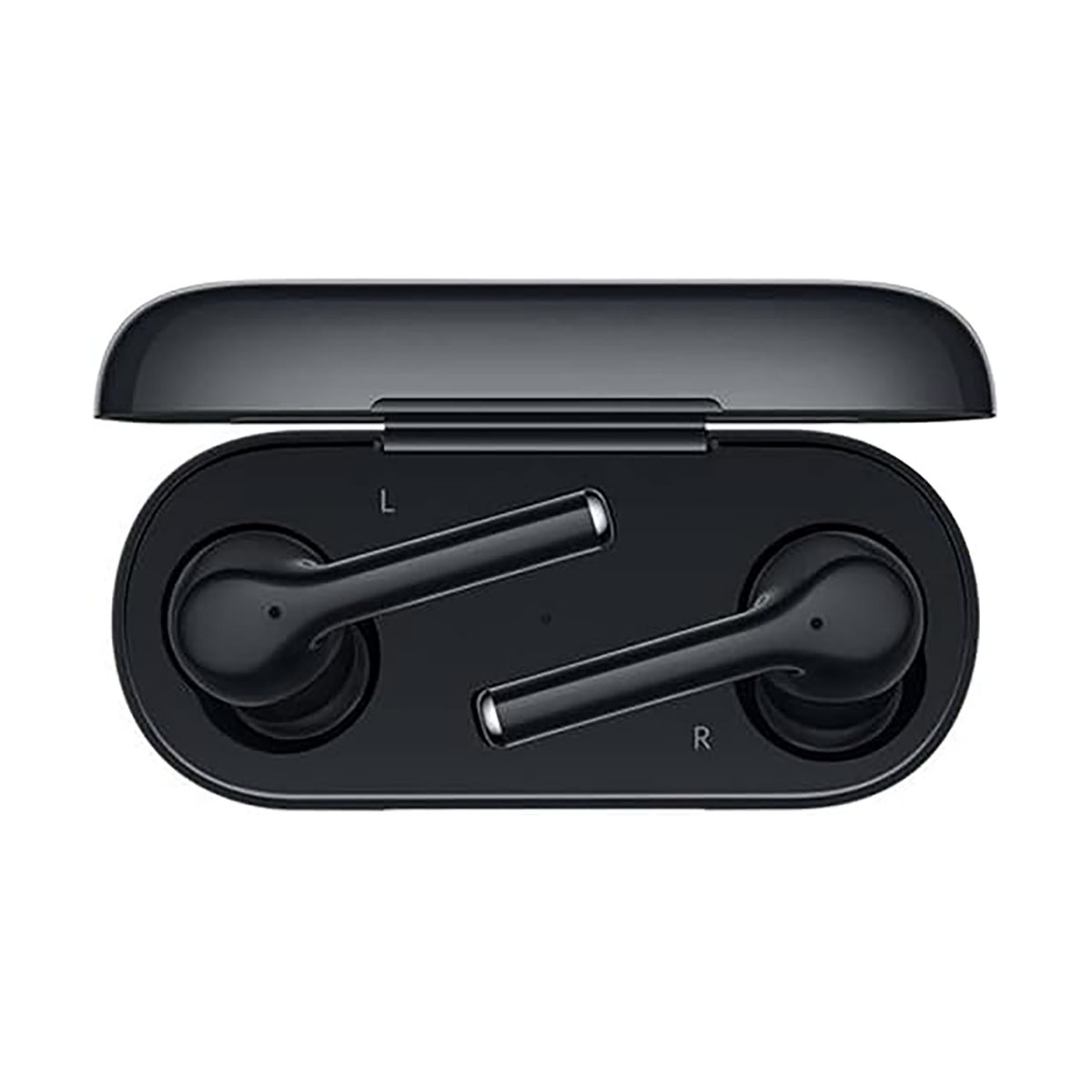Auriculares inalámbricos negros dentro de su estuche de carga. El estuche está abierto, mostrando los auriculares.