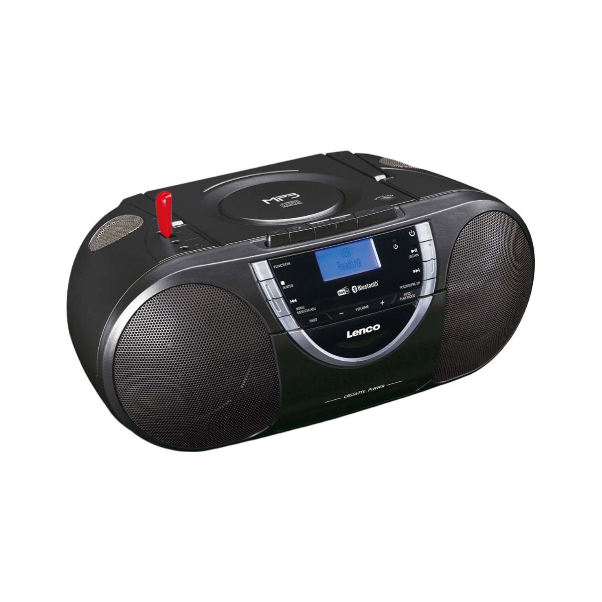 Schwarzer Lenco-Boombox mit CD, Kassettenspieler und Lautsprechern.