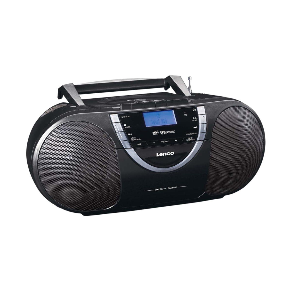 Eine schwarze Lenco-Boombox mit Griff, zwei Lautsprechern und einem Display. Sie hat einen Kassettenspieler und Bluetooth.