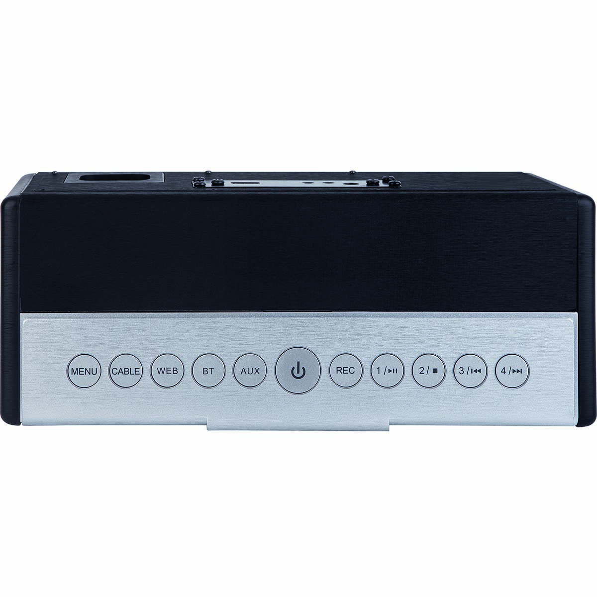 Czarny i srebrny odtwarzacz audio z przyciskami. Przyciski są oznaczone funkcjami takimi jak menu, BT, AUX.