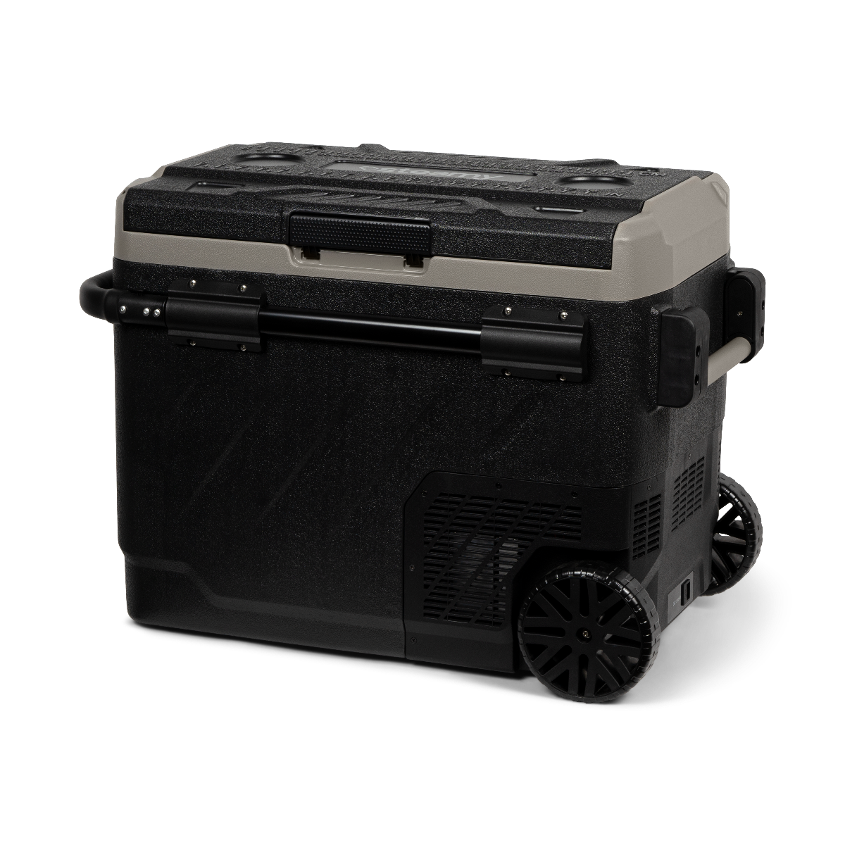 Un réfrigérateur portable noir avec roues, poignée et couvercle gris.