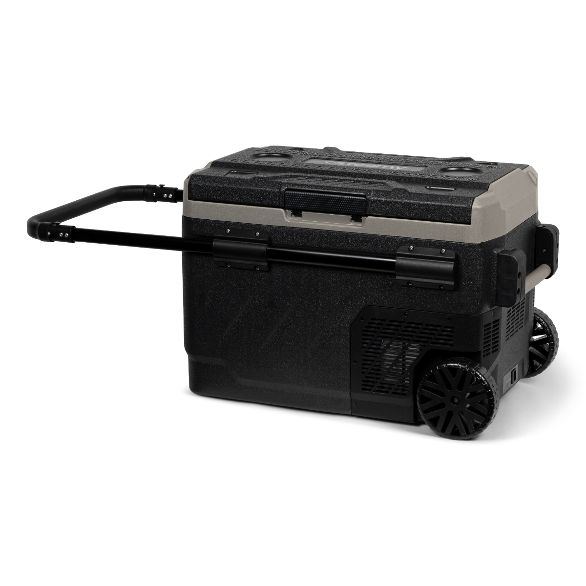 Une glacière portable noire et grise avec des roues et une poignée.