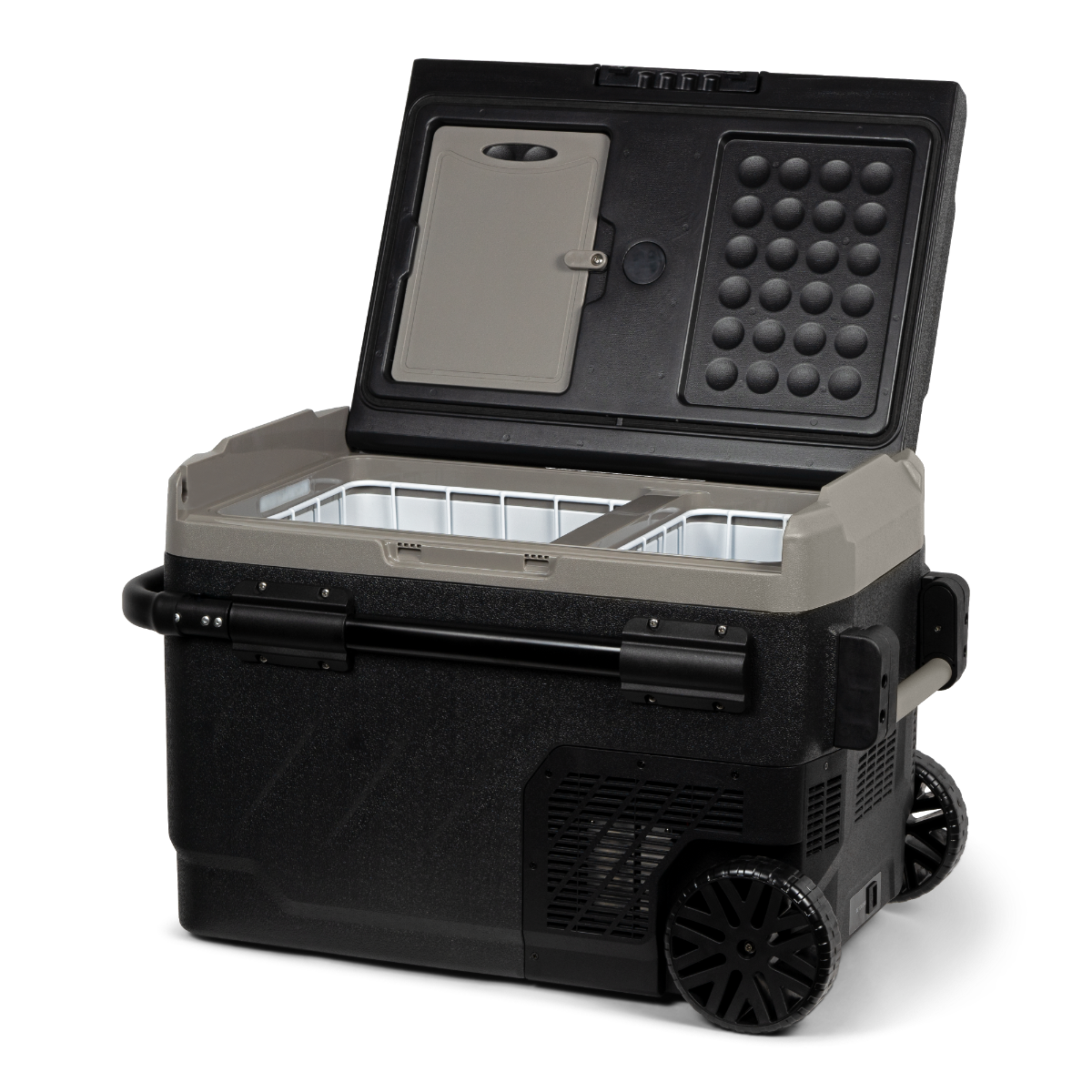 Glacière portable avec compartiment supérieur ouvert. Extérieur noir et gris, roues.
