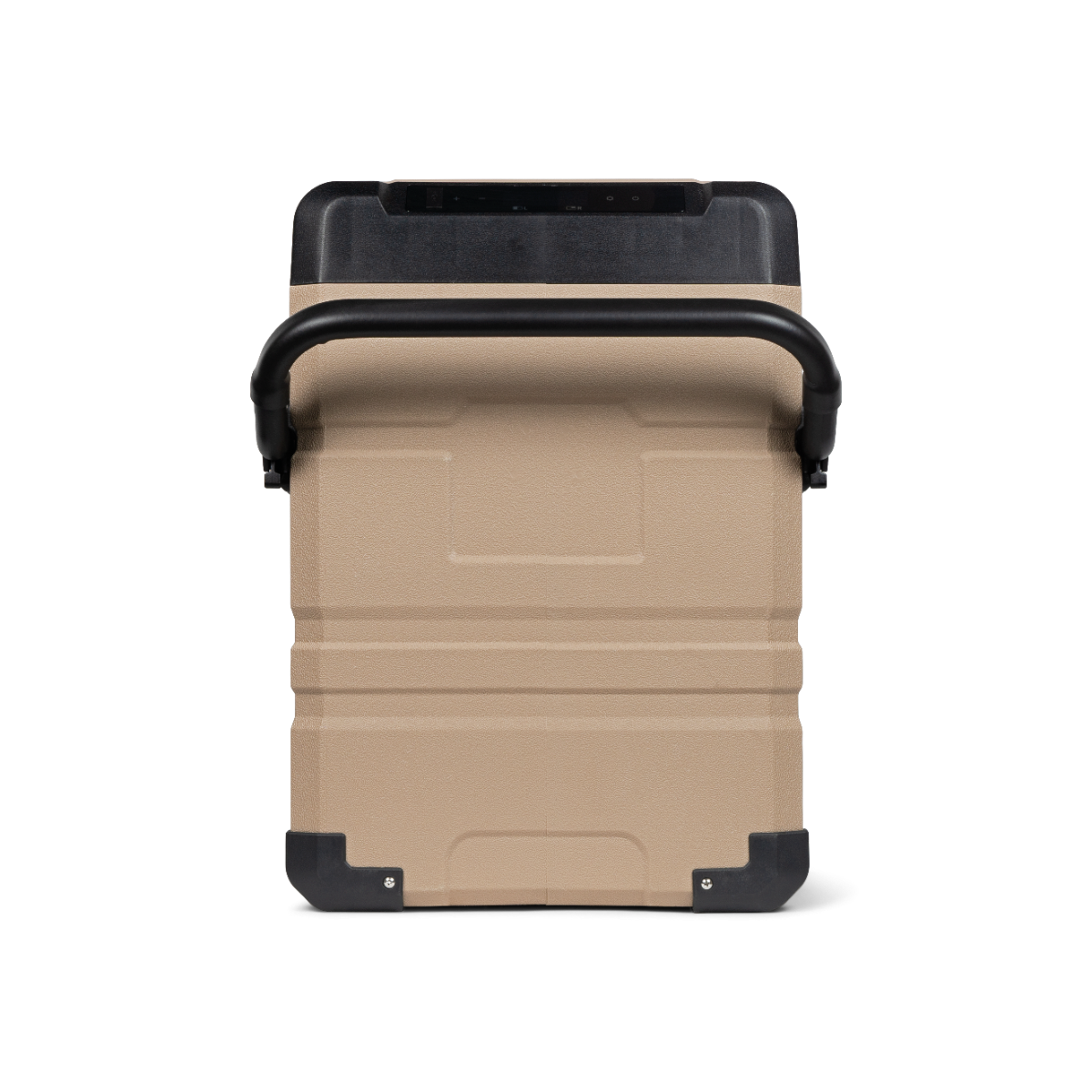 Eine beige Kühlbox mit schwarzem Deckel und Griff wird vor schwarzem Hintergrund von oben gezeigt.