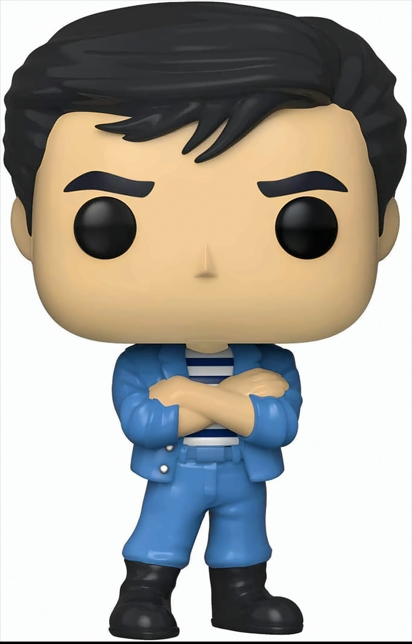 Funko Pop di un uomo con giacca e jeans blu, braccia conserte, capelli neri.