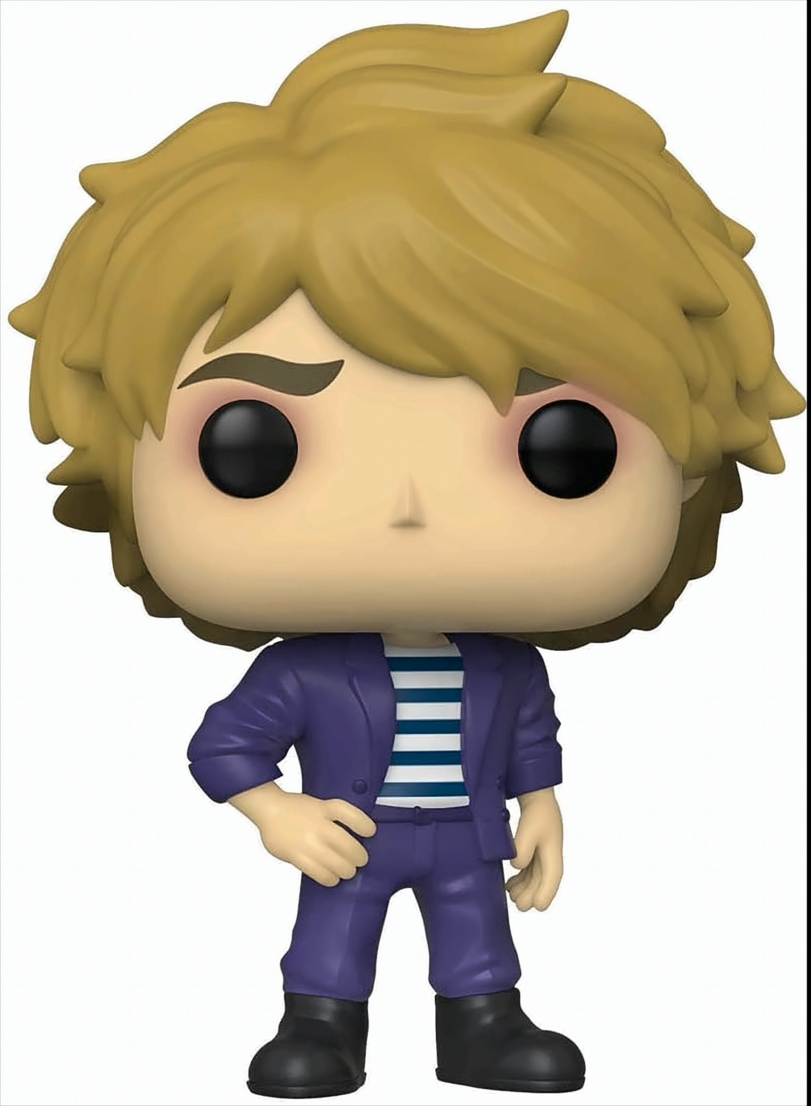 Funko Pop di un uomo con giacca e jeans viola, capelli biondi mossi.