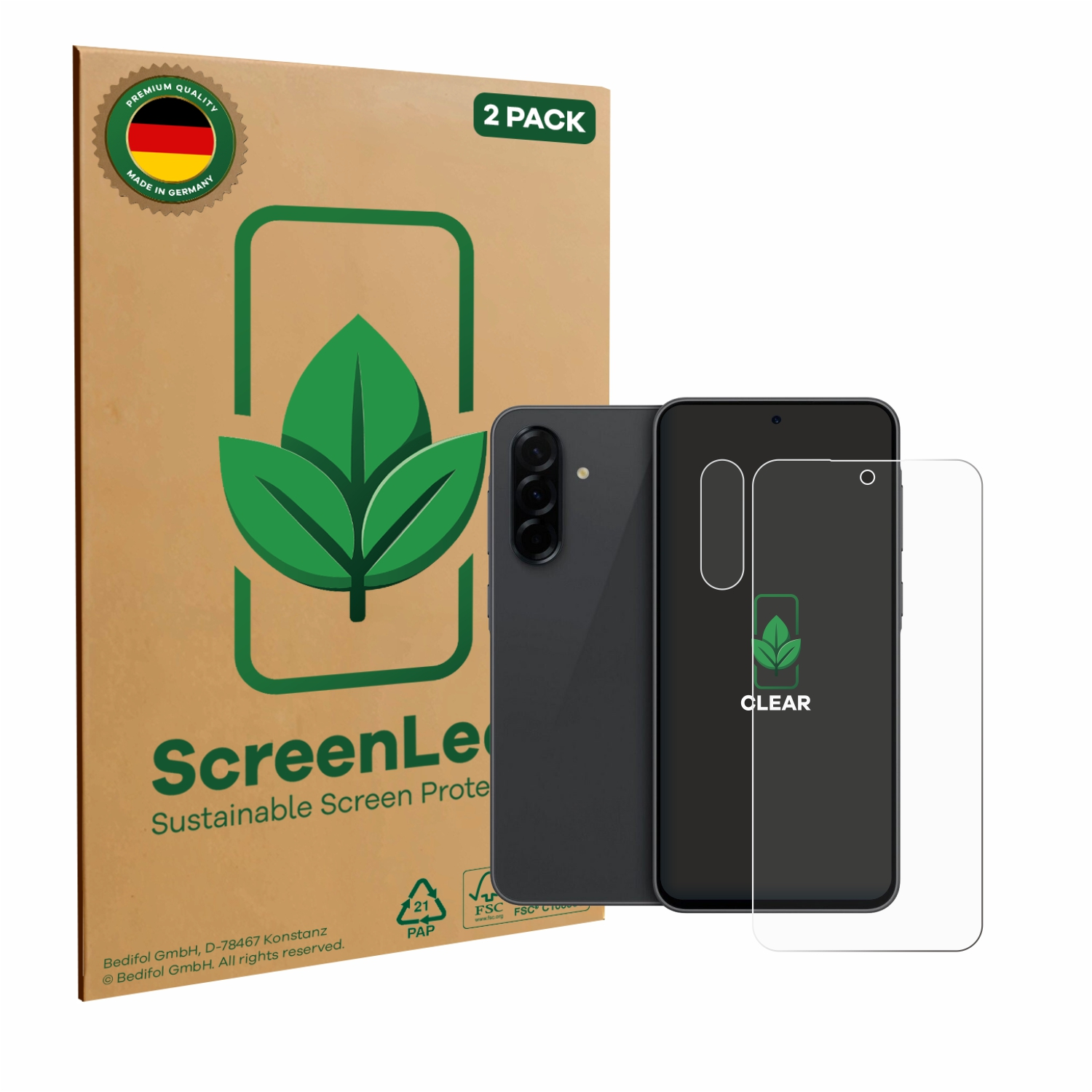 Ein Telefon und Displayschutz, mit einer Schachtel mit der Aufschrift 'ScreenLe' und '2er-Pack' auf hellbraunem Hintergrund.