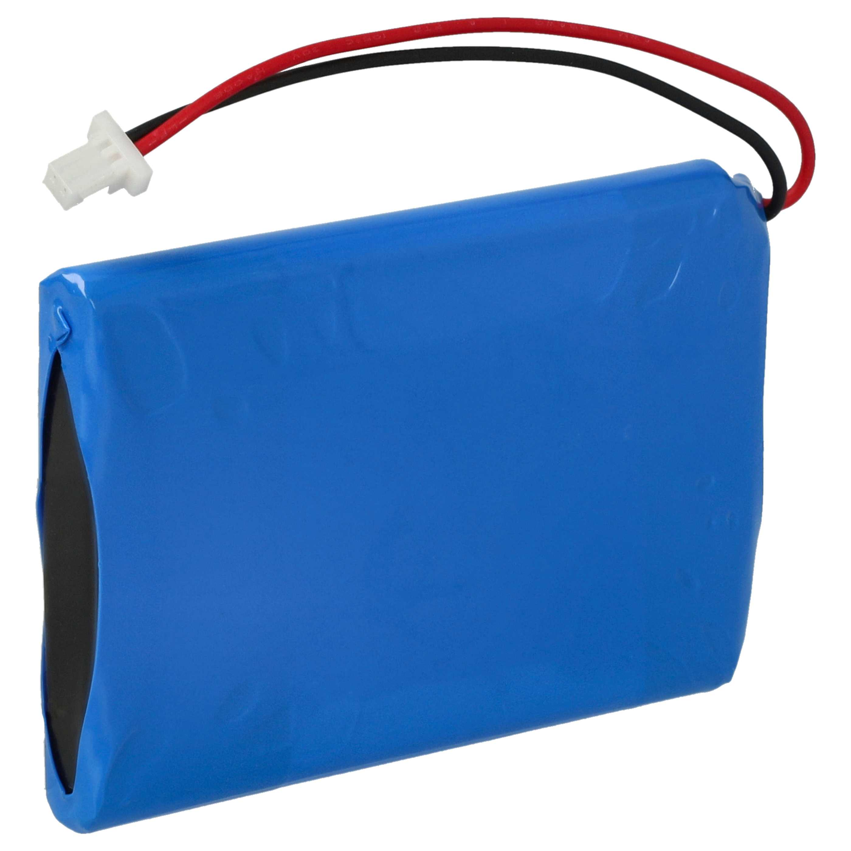 Blaue Batterie mit schwarzen und roten Drähten. Weißer Stecker oben. Die Batterie ist in Folie verpackt.
