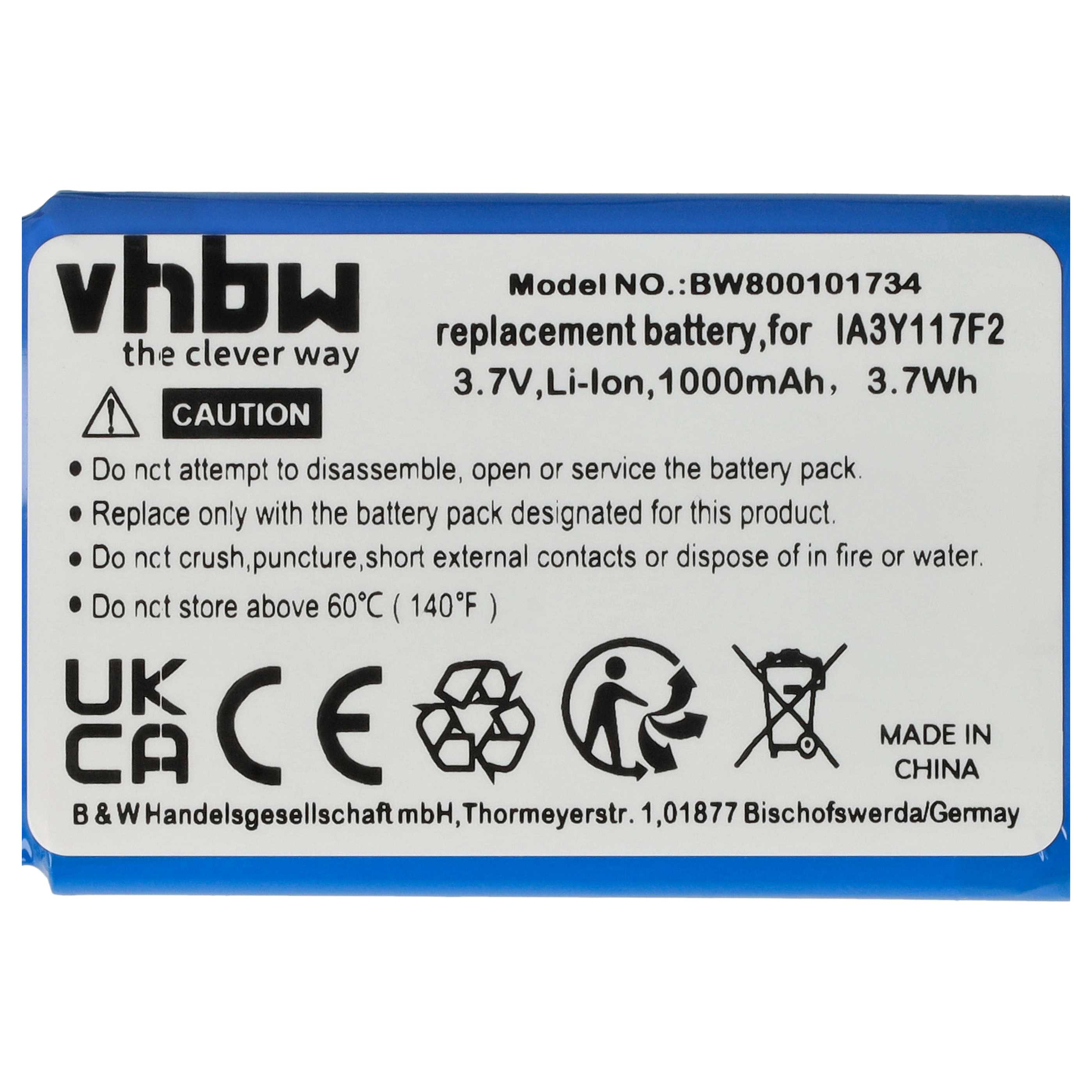 Ein weiß-blaues Batterieetikett mit Sicherheitsinformationen, Warnungen und Symbolen.