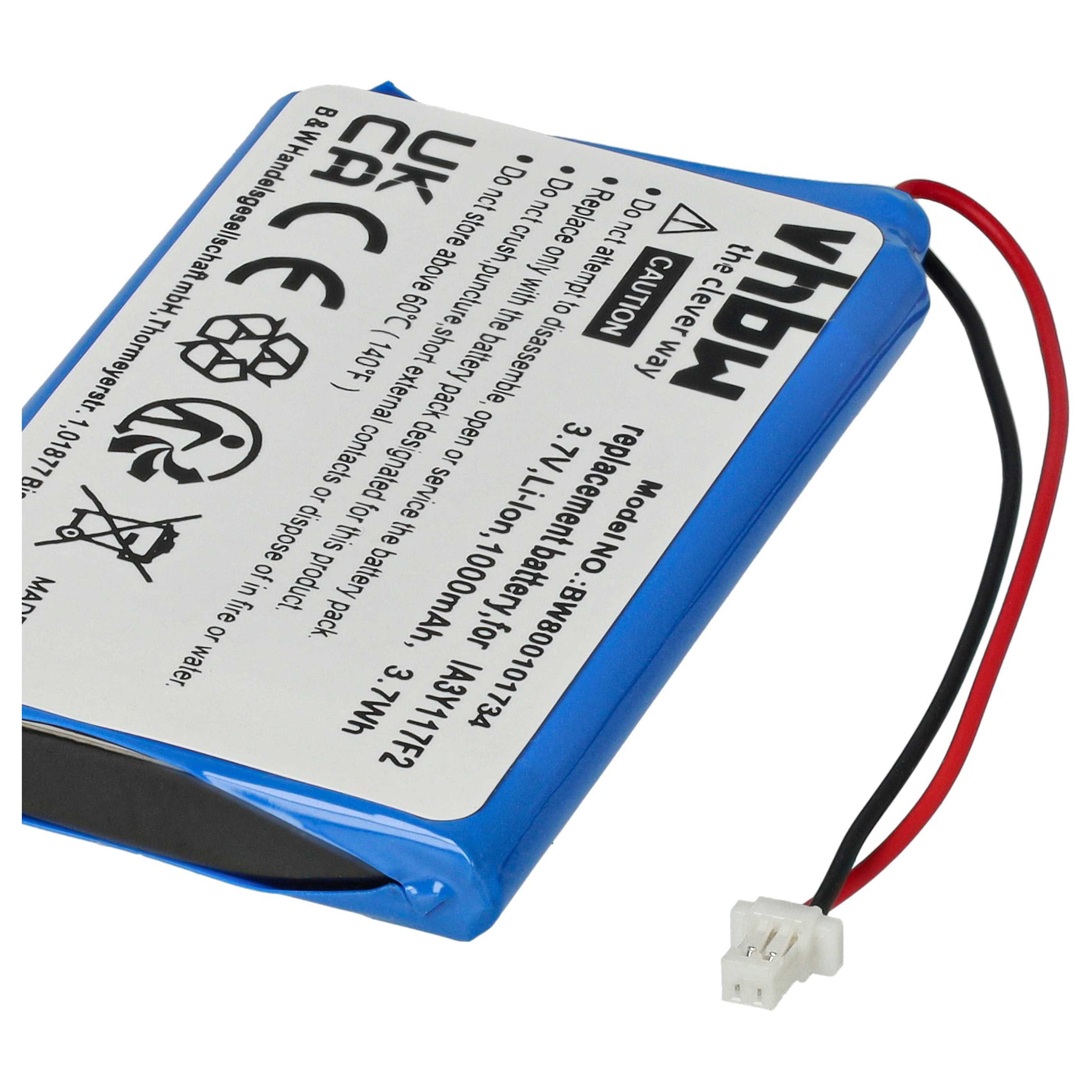 Rechteckige blaue Batterie mit weißem Etikett und schwarzen und roten Drähten.