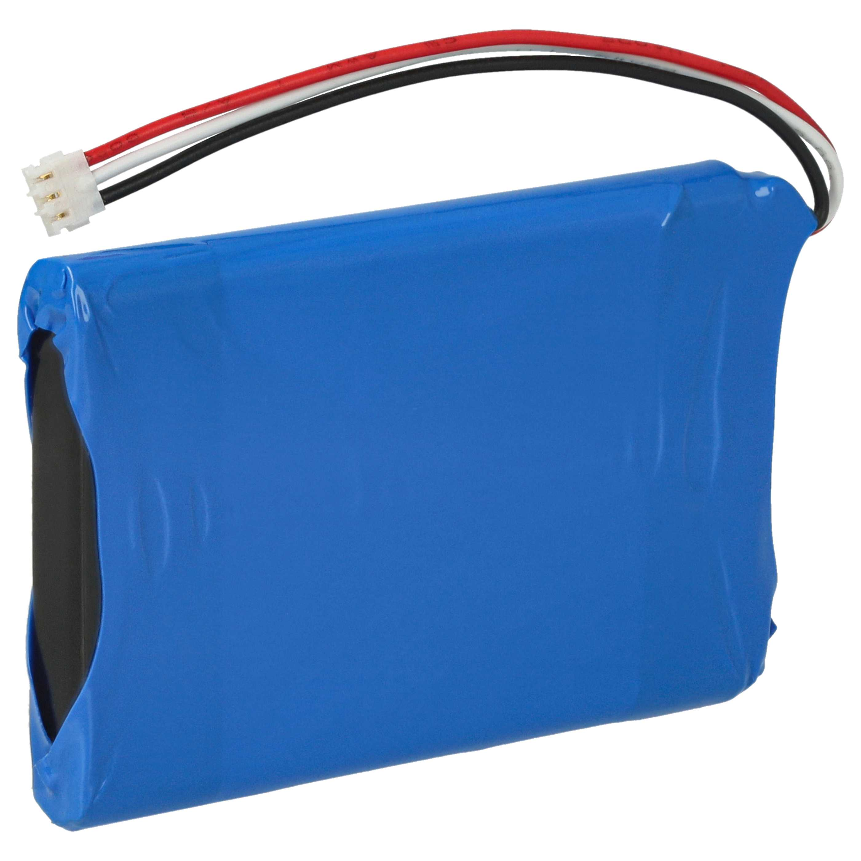Ein blaues Akkupack mit drei Drähten und einem weißen Stecker auf weißem Hintergrund.