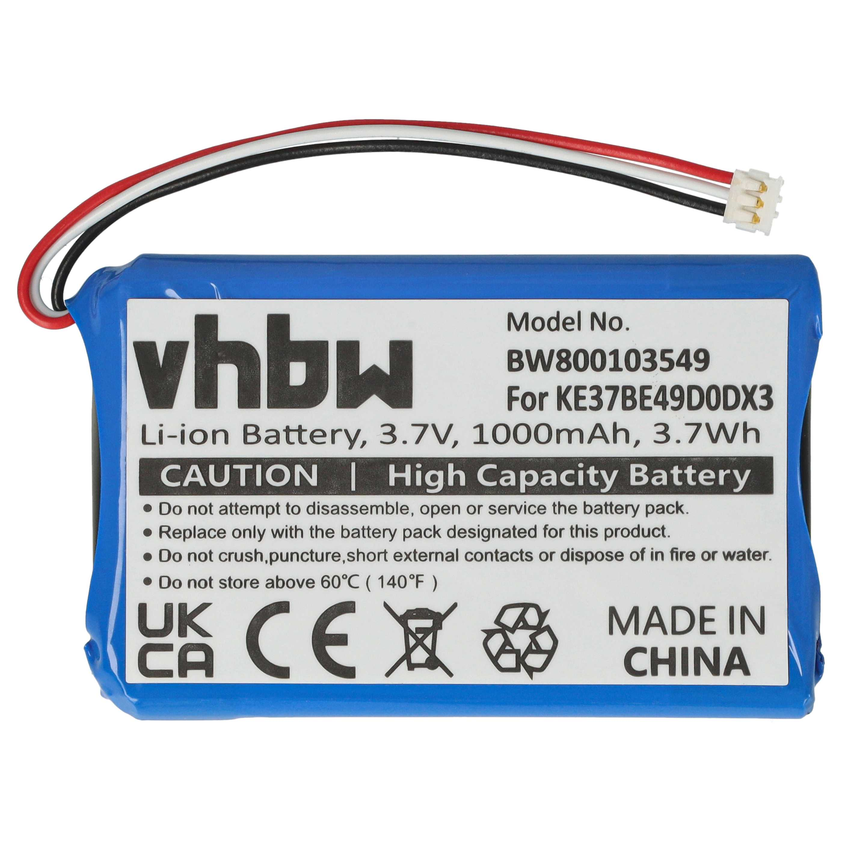Eine blaue Li-Ionen-Batterie mit Text und Warnhinweisen. Es ist eine Hochleistungsbatterie, 3,7 V, 1000 mAh, hergestellt in China.