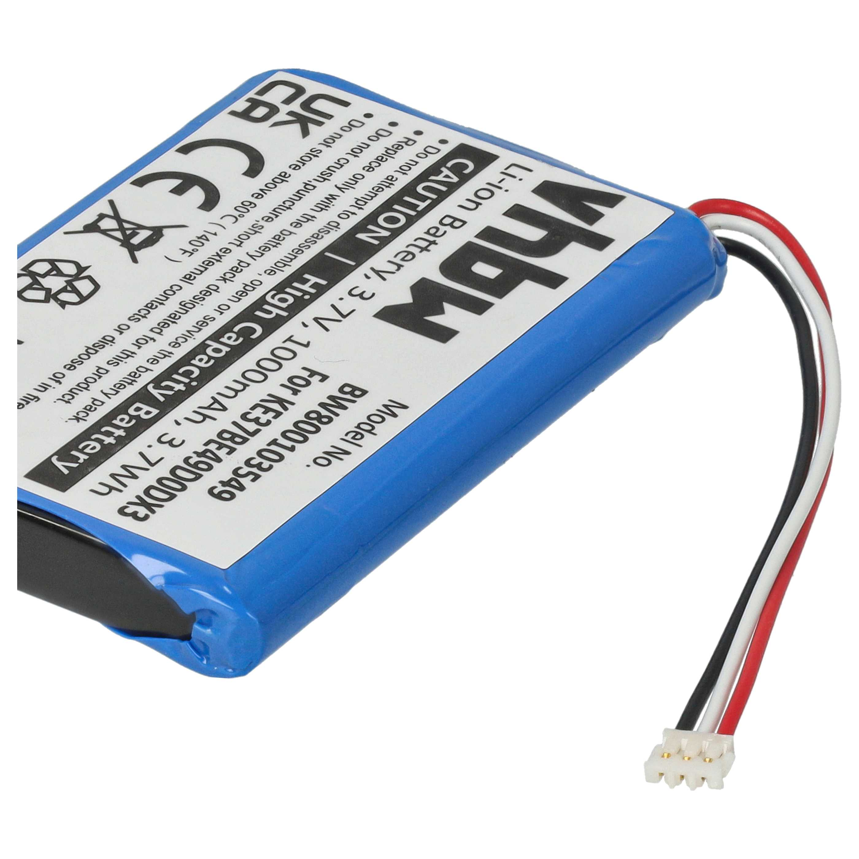 Nahaufnahme eines blauen Akkus mit Kabeln und einem Stecker.