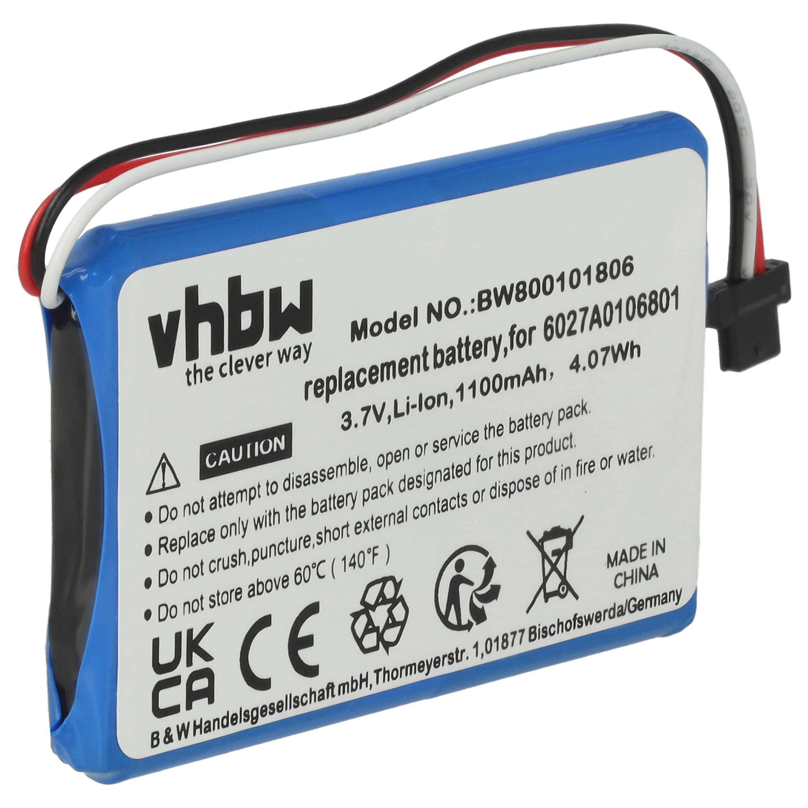 Blaue und weiße Batterie mit Warnhinweisen und Text, schwarze und rote Drähte angebracht.