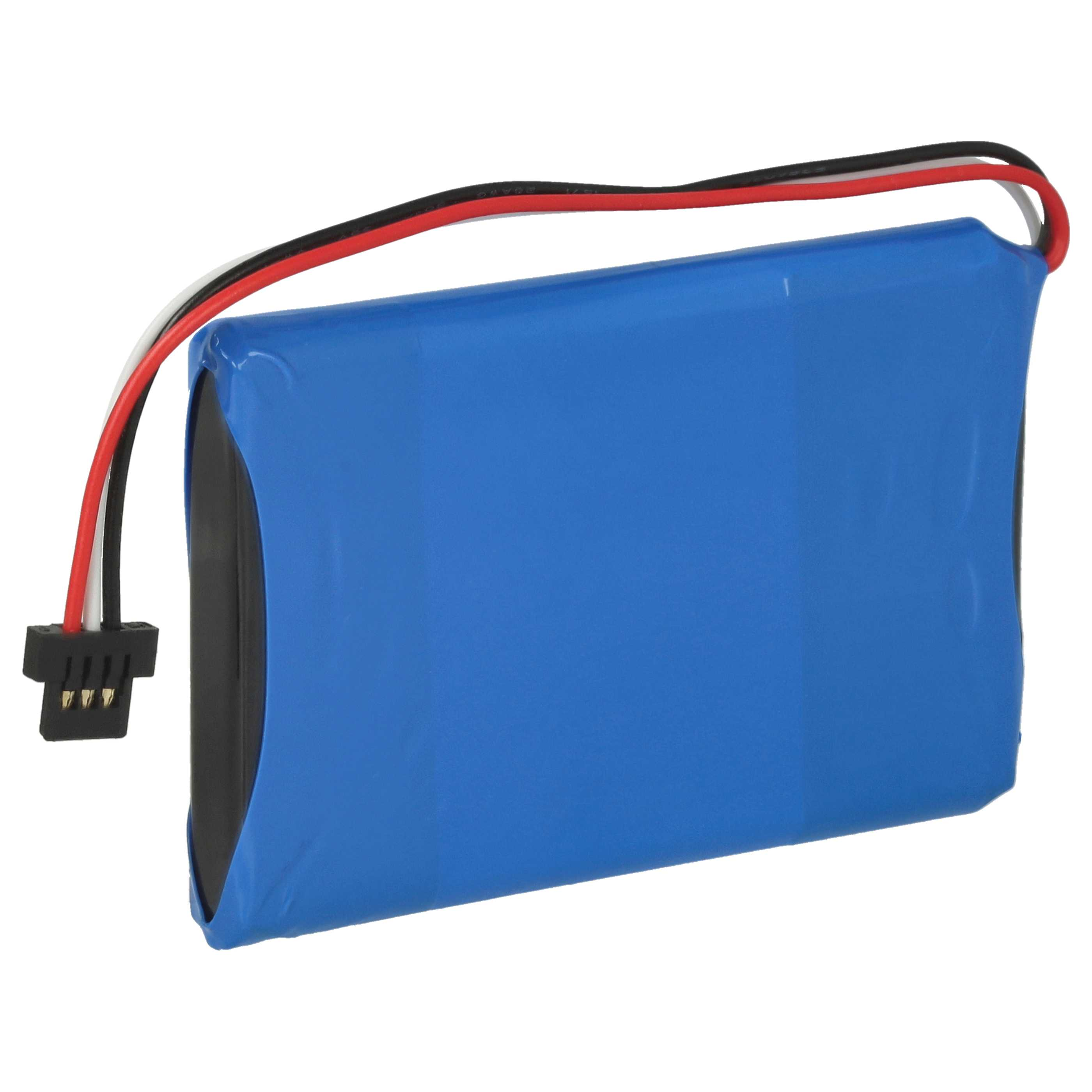 Ein blaues Batteriepaket mit schwarzen, roten und weißen Drähten.