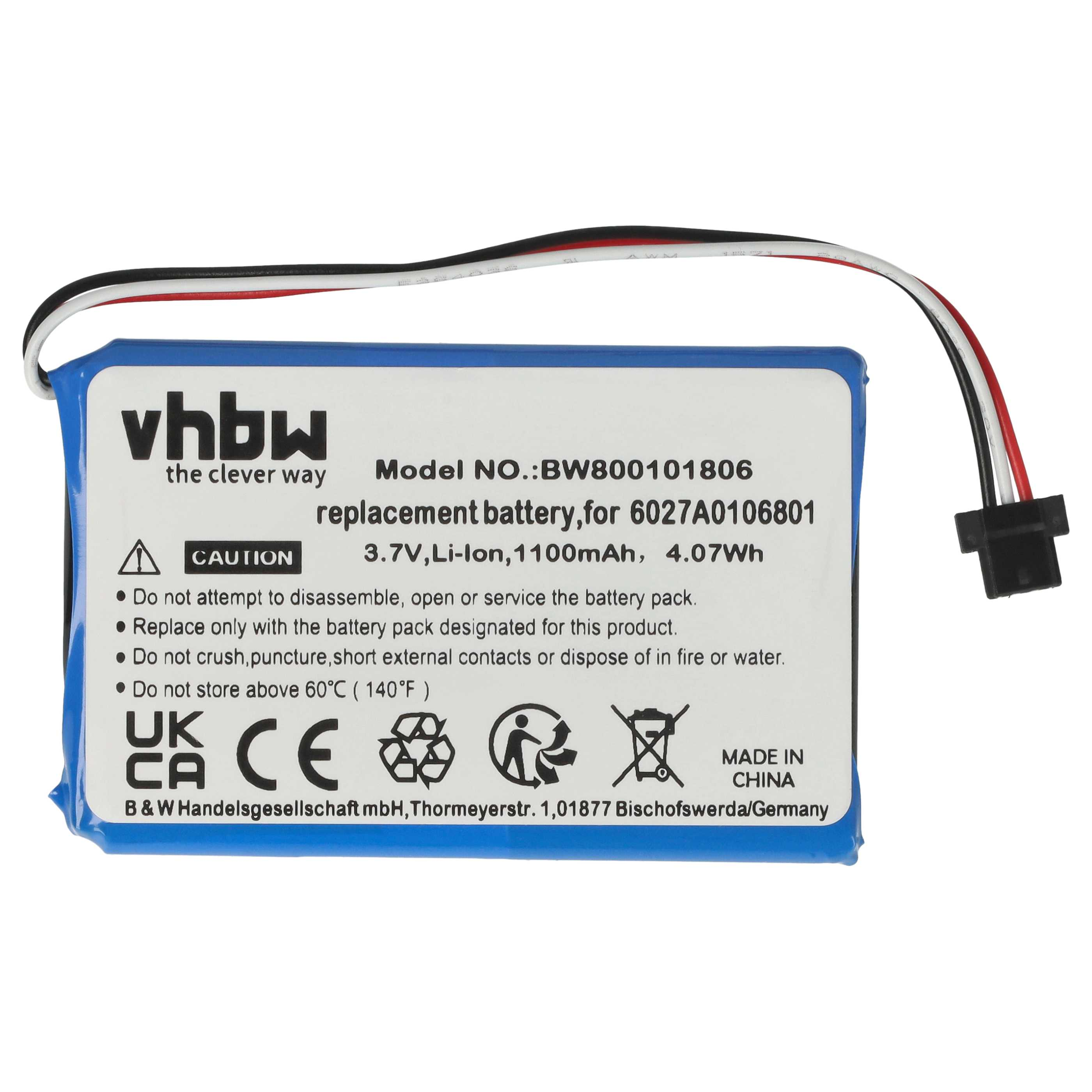 Blaue Batterie mit weißem Etikett. Das Etikett hat Text in Englisch und Deutsch. Schwarz-weiße Drähte.