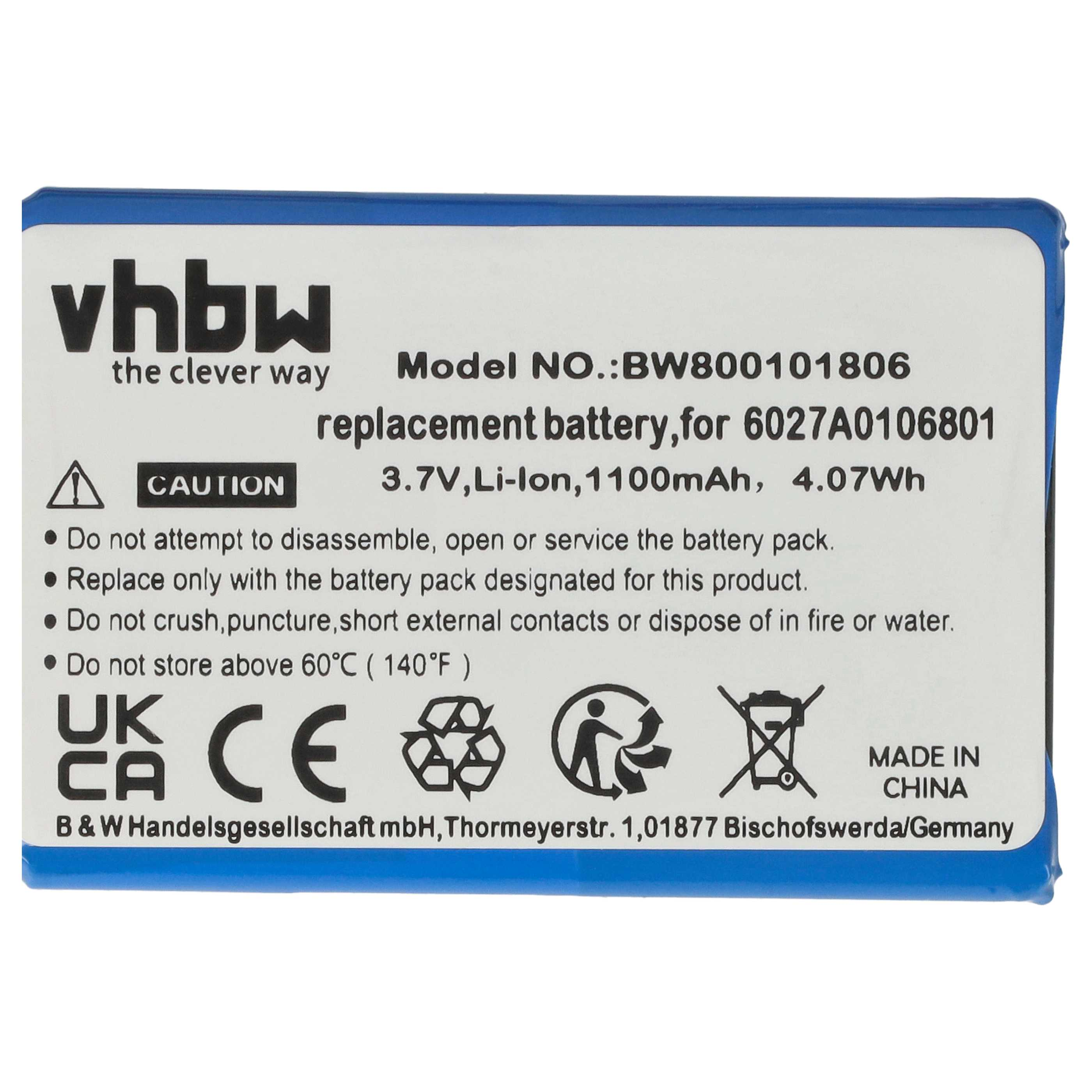 Blaues Batterieetikett mit weißem Text: 3,7 V, Li-Ion, 1100 mAh, 4,07 Wh. Warnhinweis und Symbole.