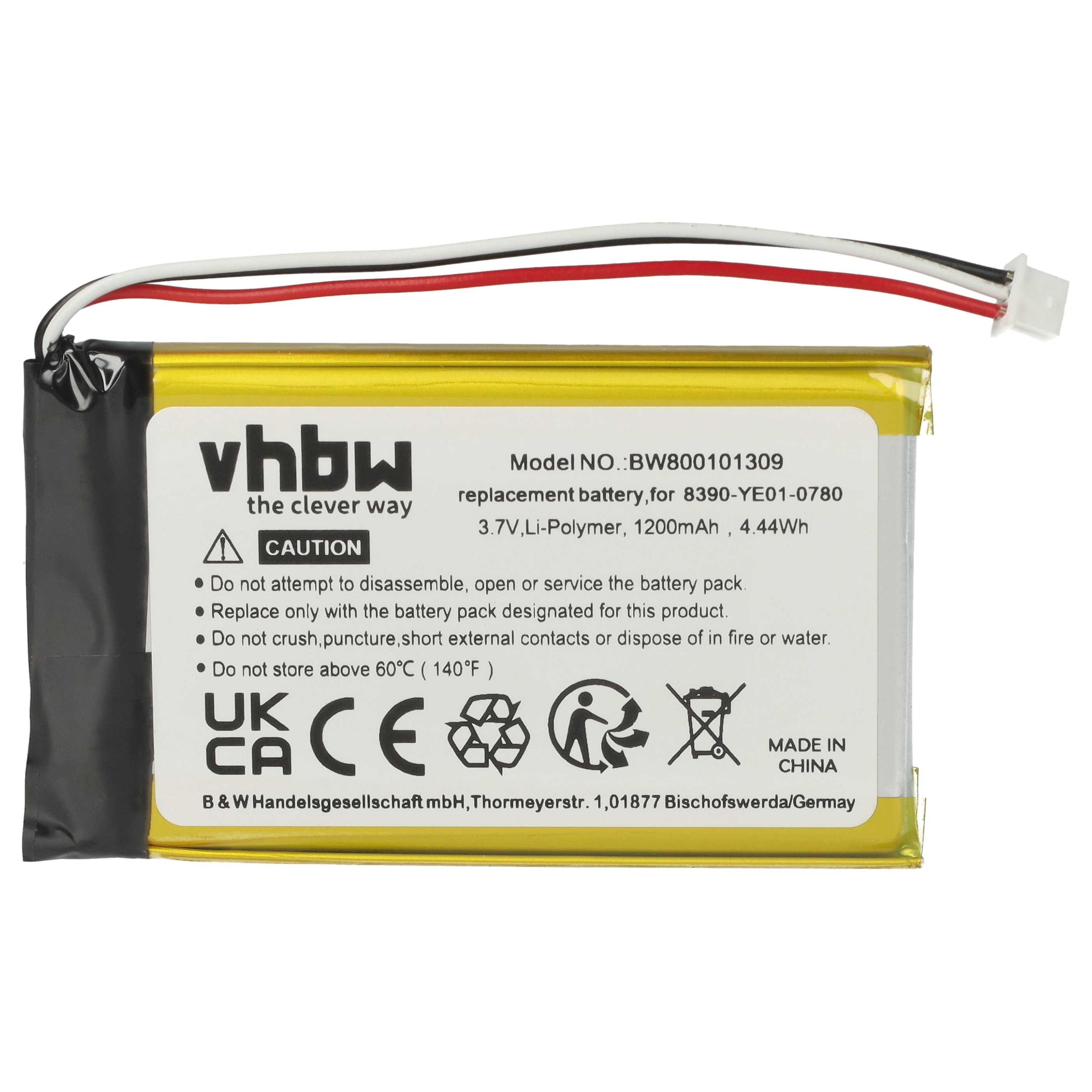 Eine gelbe Ersatzbatterie mit Kabeln, einem Stecker und Warnhinweisen. Weißer Hintergrund.