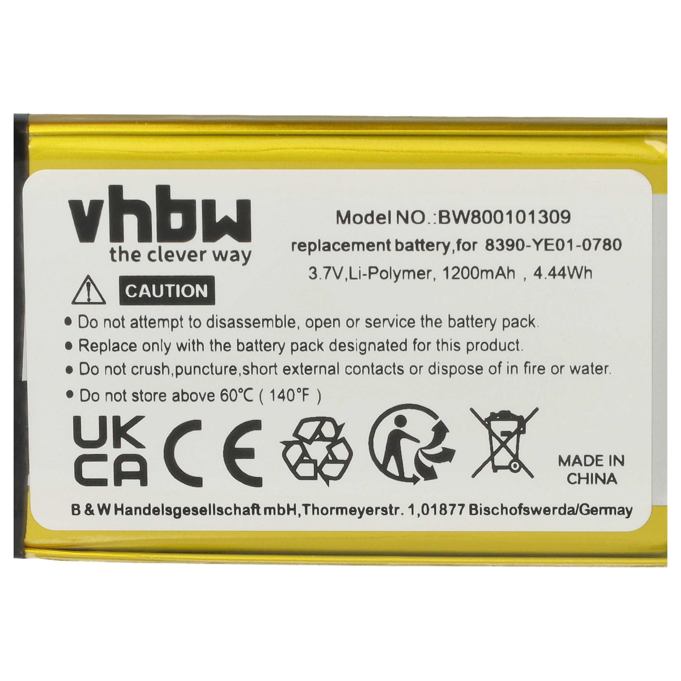 Batterieetikett mit Warnungen, Text und Symbolen.