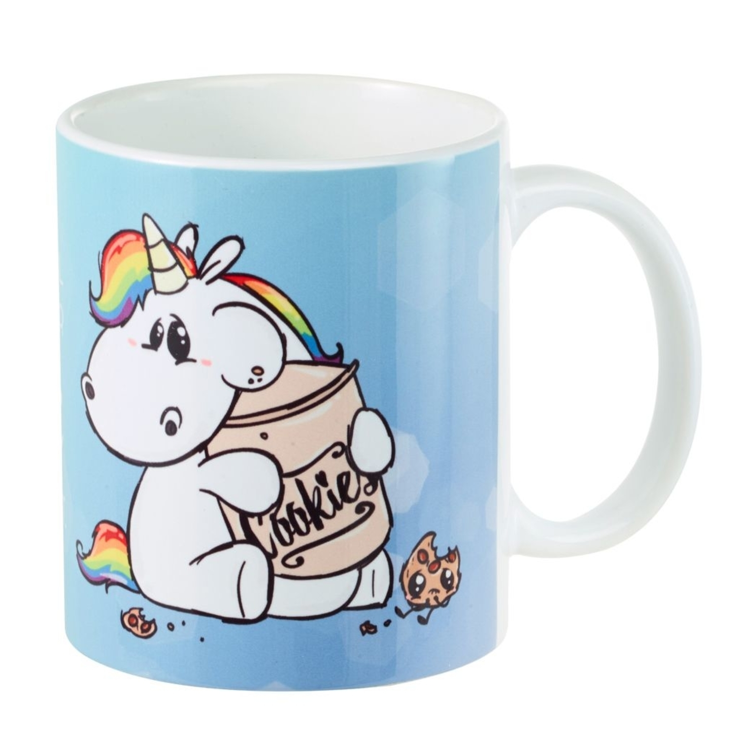 Einhorn-Tasse mit Keksgrafik, weißem Griff und blauem Hintergrund.