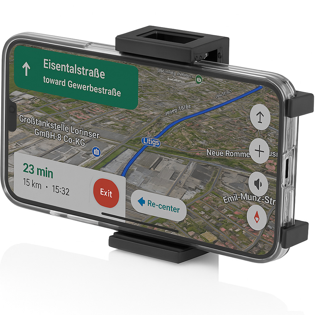 Ein Smartphone in einer Autohalterung zeigt eine Navigations-App mit Karte und Wegbeschreibung.