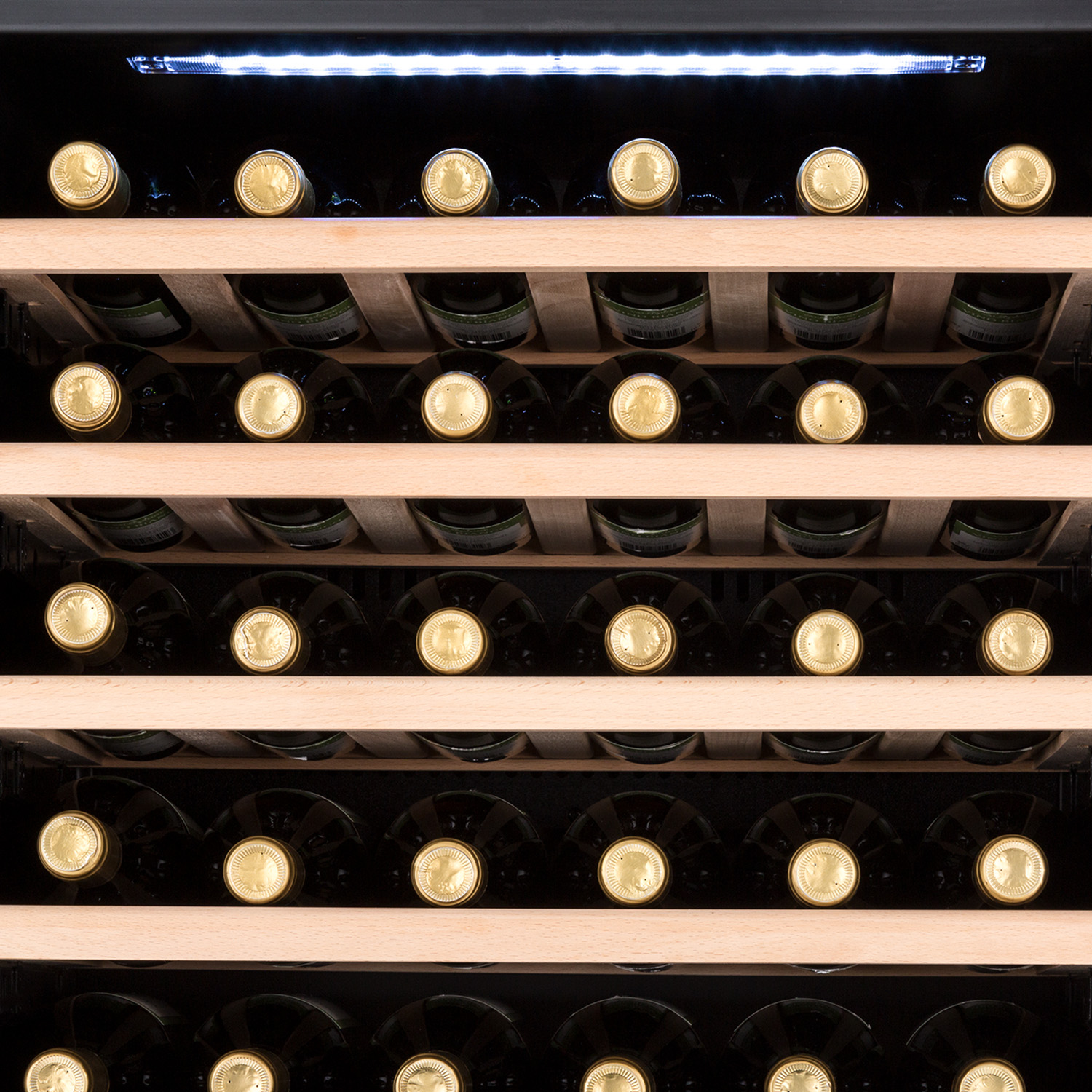 Cantinetta con bottiglie di vino su ripiani in legno, sotto una luce intensa.