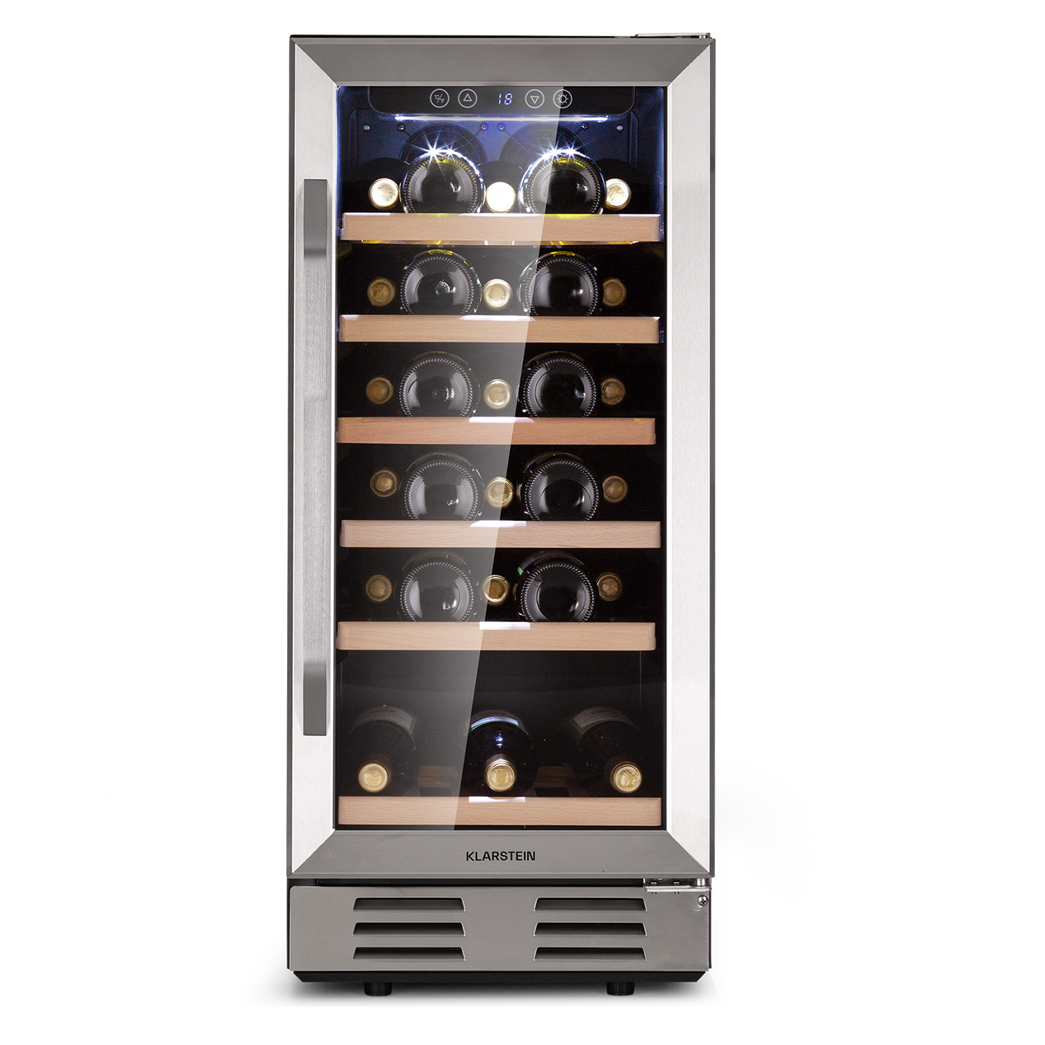 Un refrigeratore per vino con più ripiani pieni di bottiglie di vino, una porta a vetri e un esterno in acciaio inossidabile.