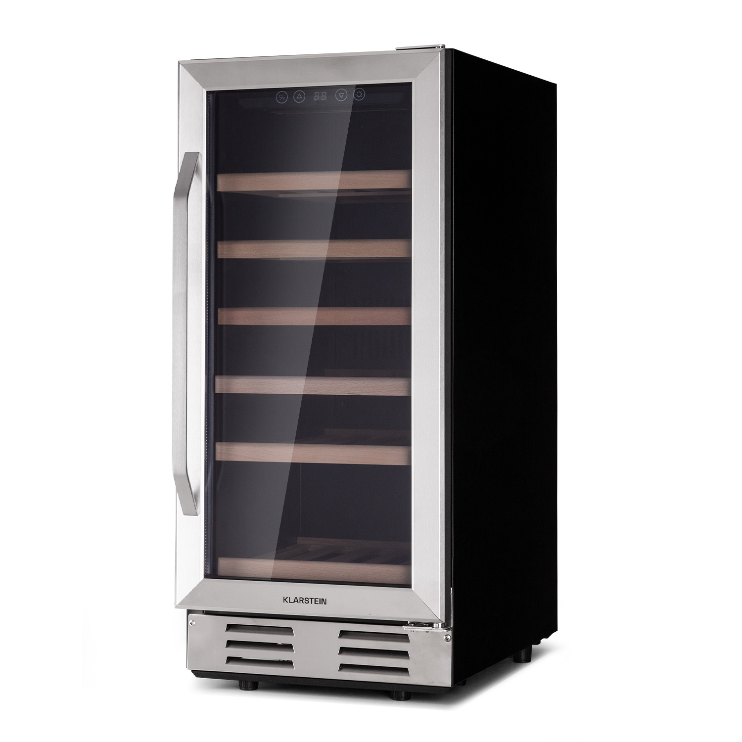Un refrigeratore per vino in acciaio inossidabile con porta in vetro. Ha più ripiani e lati neri.