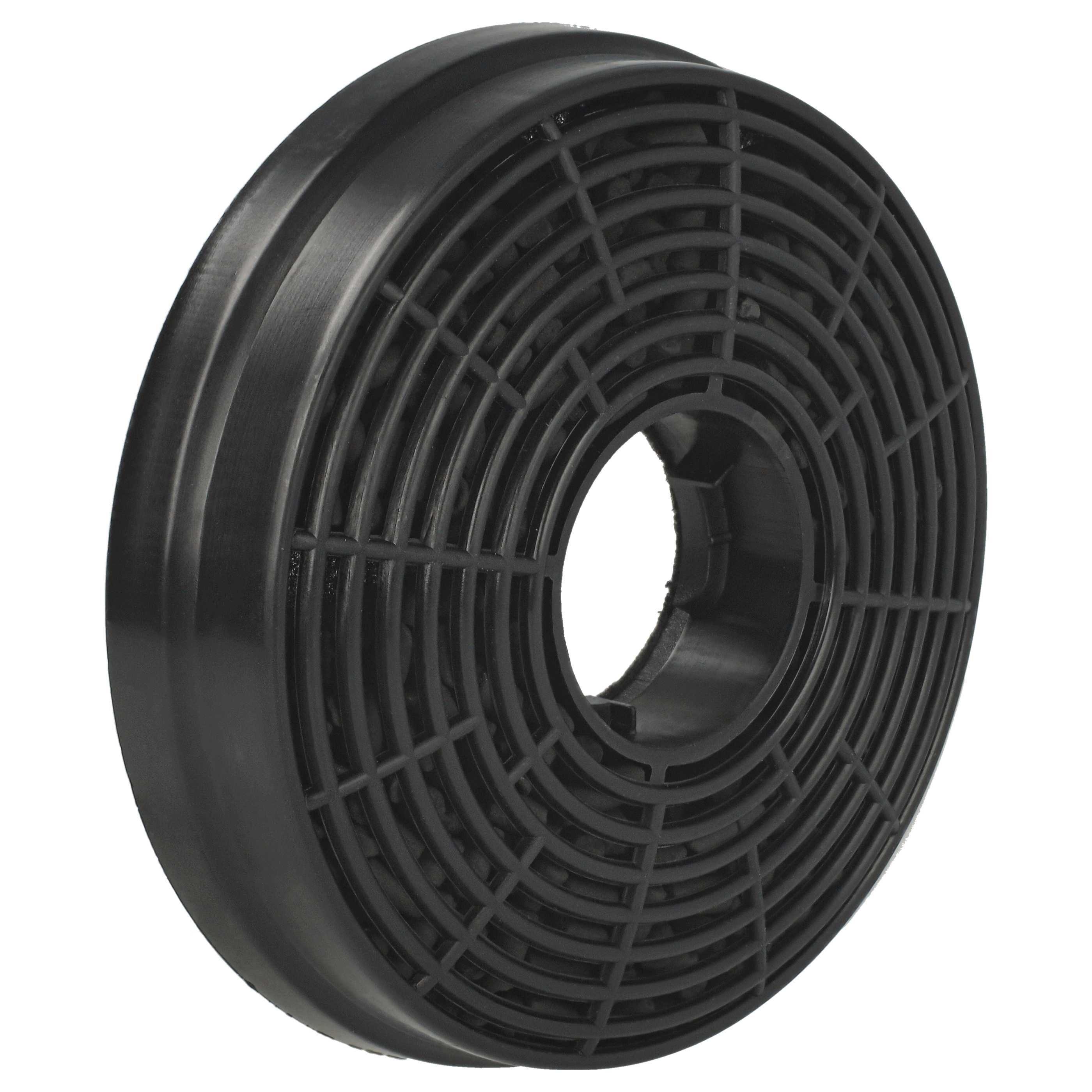 Schwarzer, kreisförmiger Kohlefilter. Netzartiges Design mit radialen Rippen.