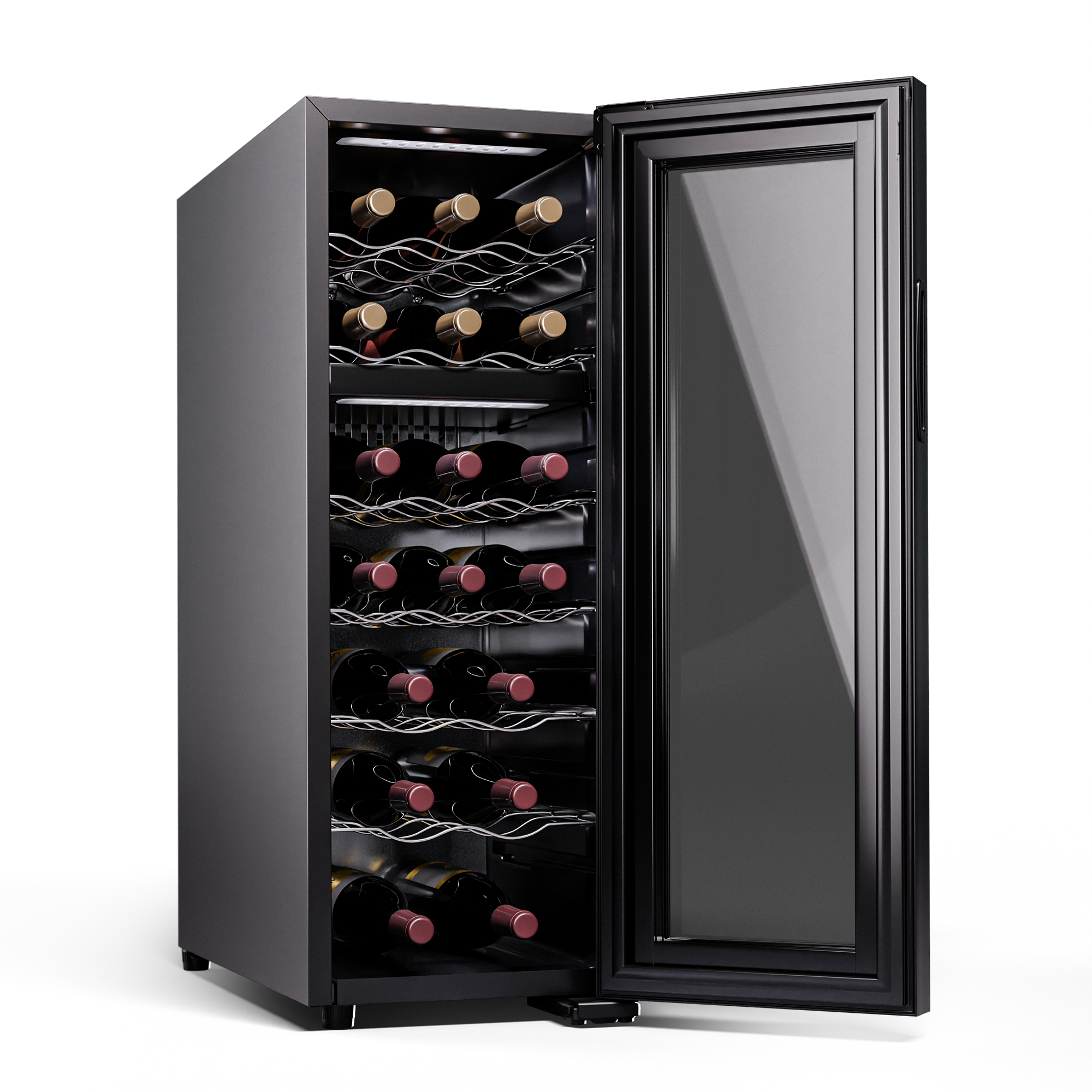 Cantinetta nera con porta aperta, ripiani pieni di bottiglie di vino.