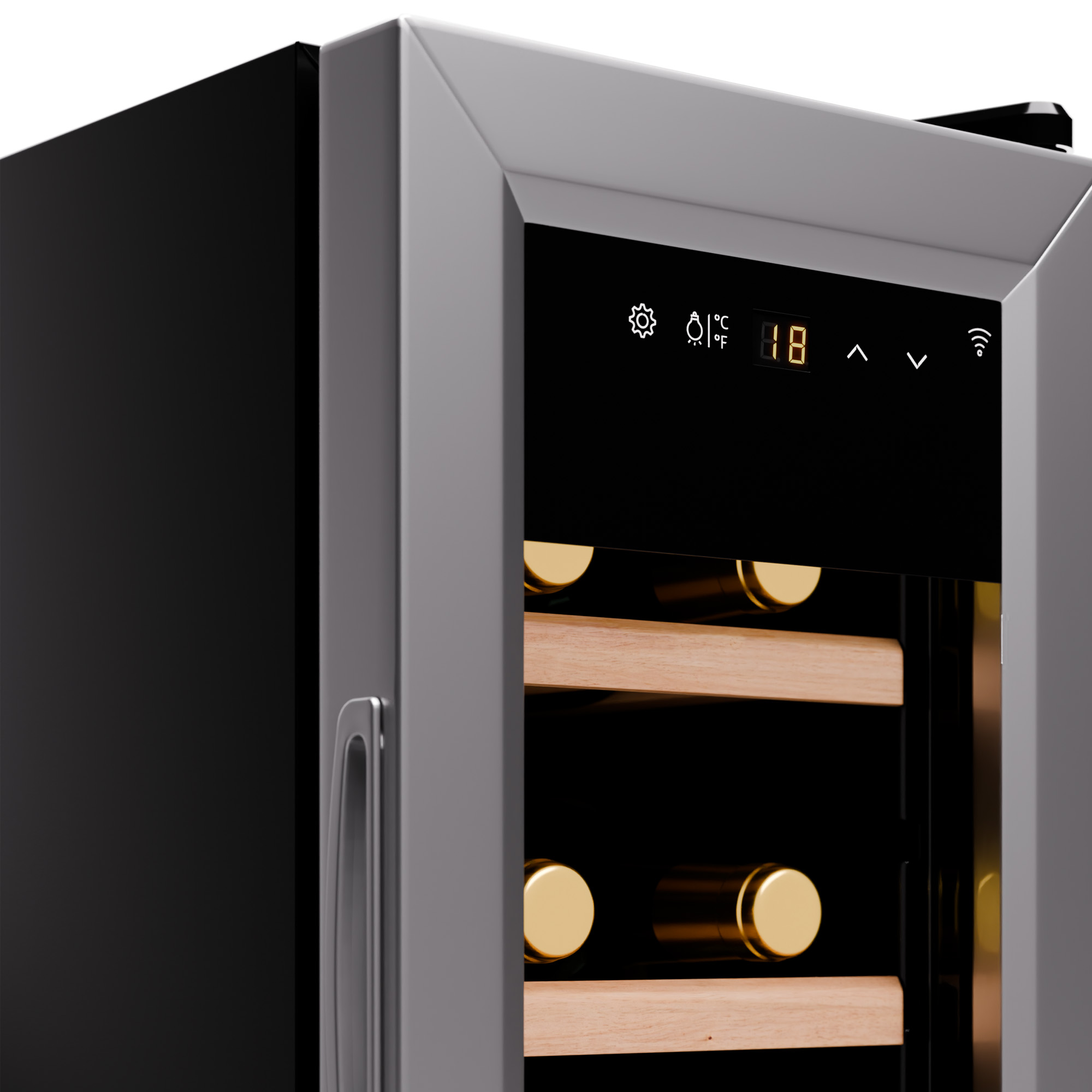 Ein Kühlschrank mit offener Tür. Er hat Regale mit Weinflaschen und ein digitales Display.