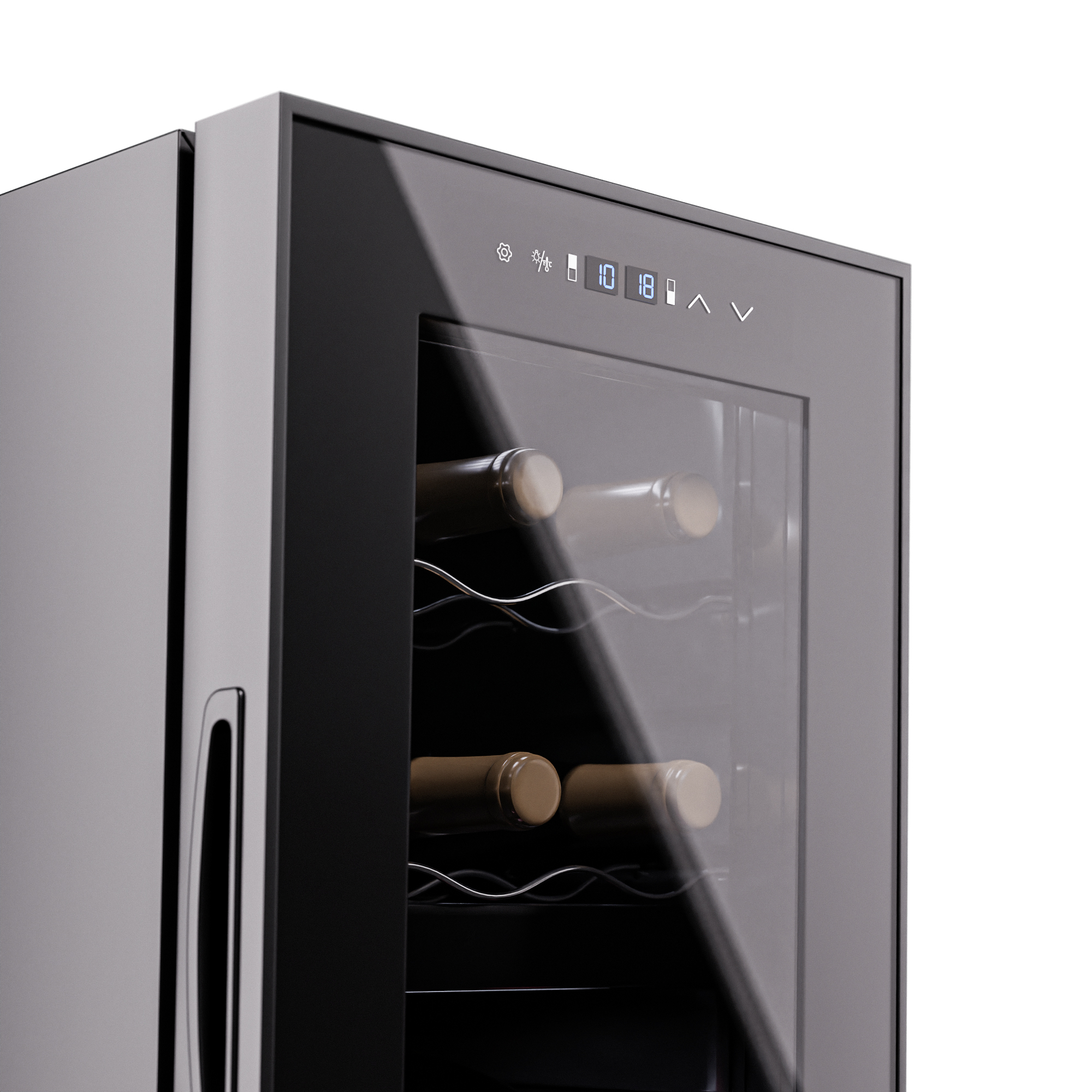 Cantinetta nera con porta in vetro, mostra bottiglie di vino. Display digitale.